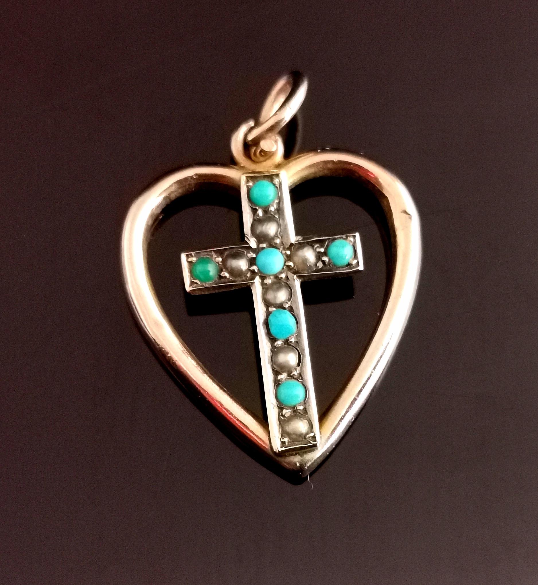 Pendentif ancien en forme de cœur et de croix, en or rose 9 carats, turquoise et perles naturelles 9