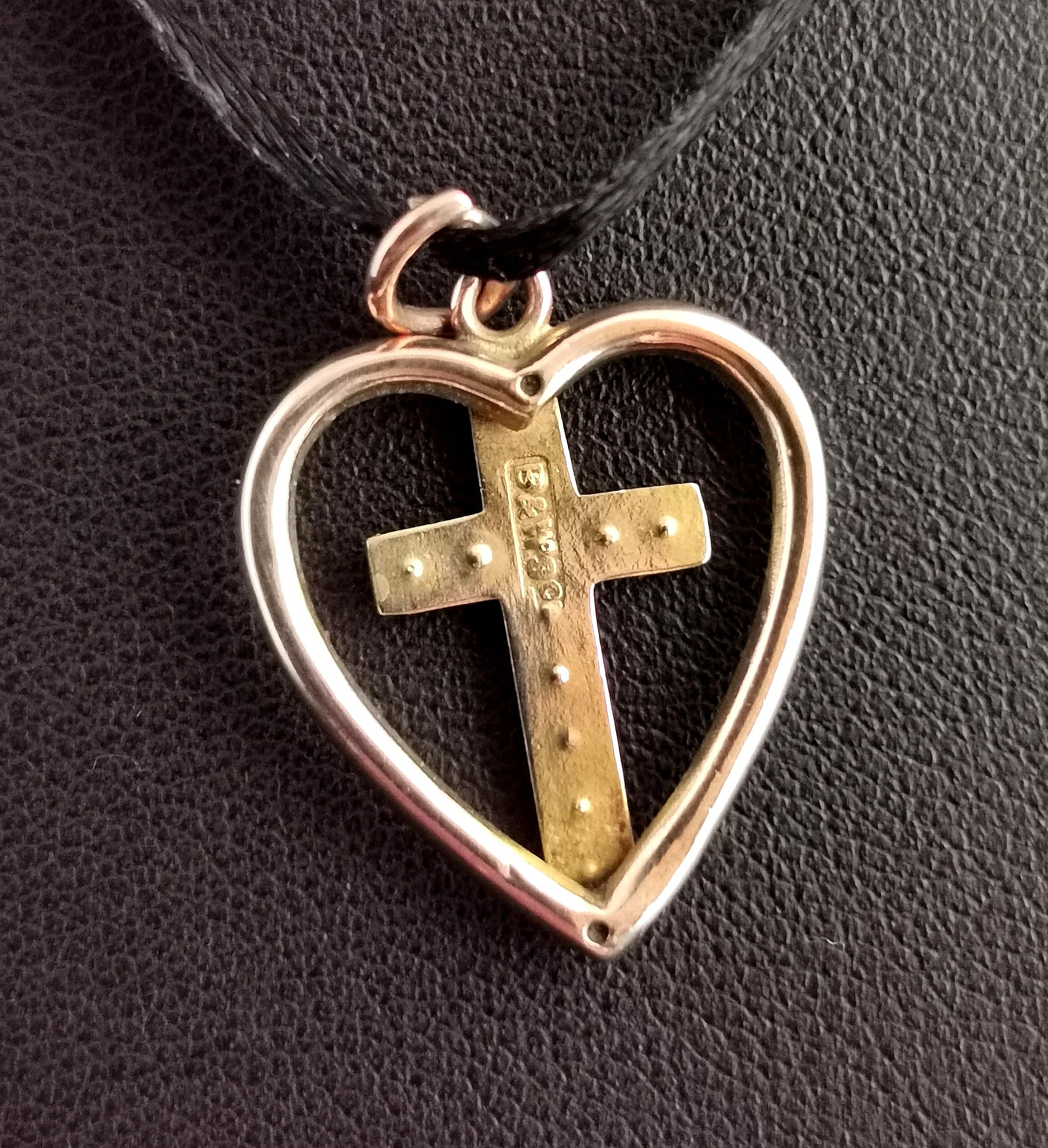 Edwardian Antique Heart and Cross Pendant, 9k Rose Gold, Turquoise and Seed Pearl