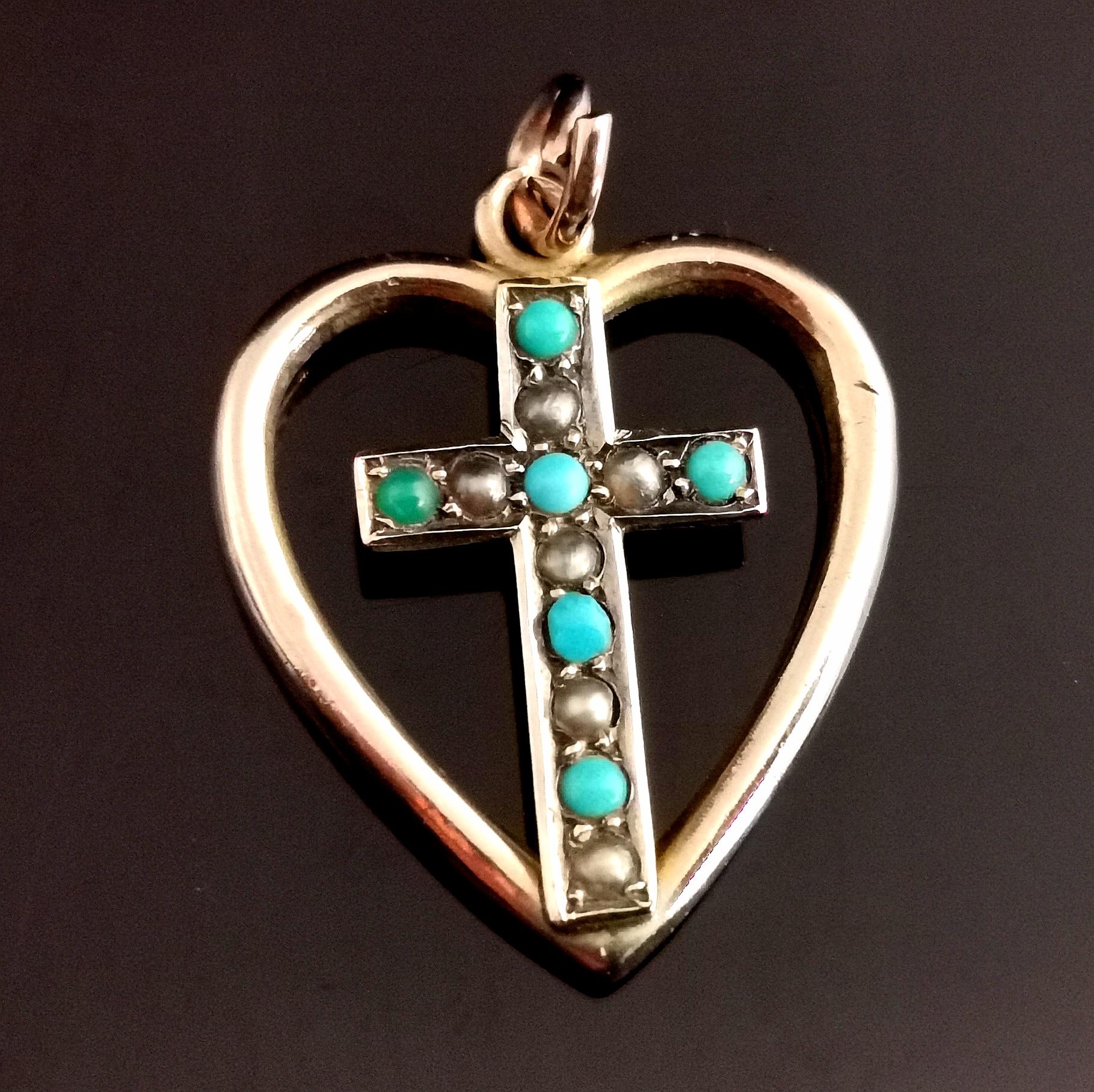 Cabochon Antique Heart and Cross Pendant, 9k Rose Gold, Turquoise and Seed Pearl
