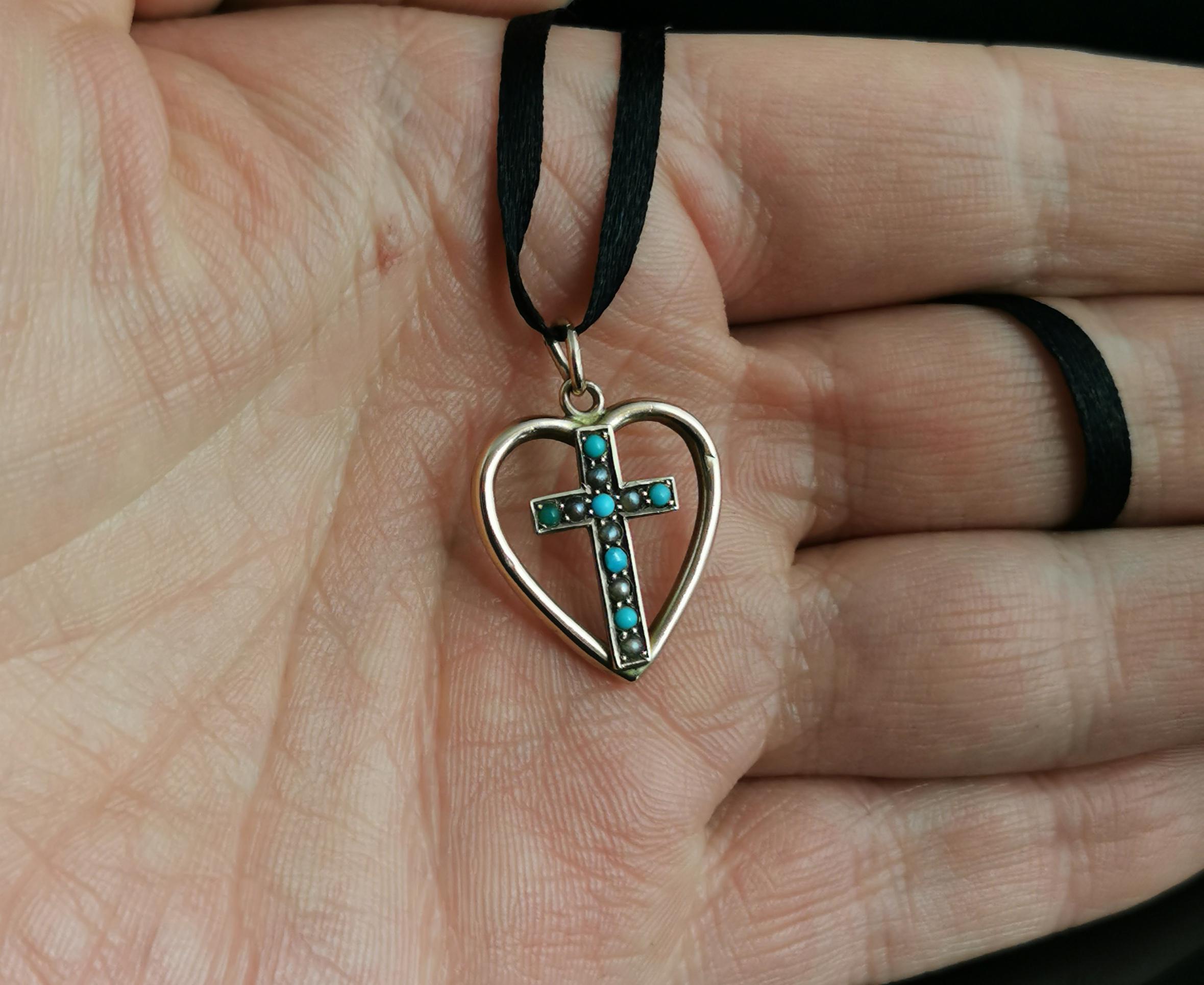 Women's Antique Heart and Cross Pendant, 9k Rose Gold, Turquoise and Seed Pearl