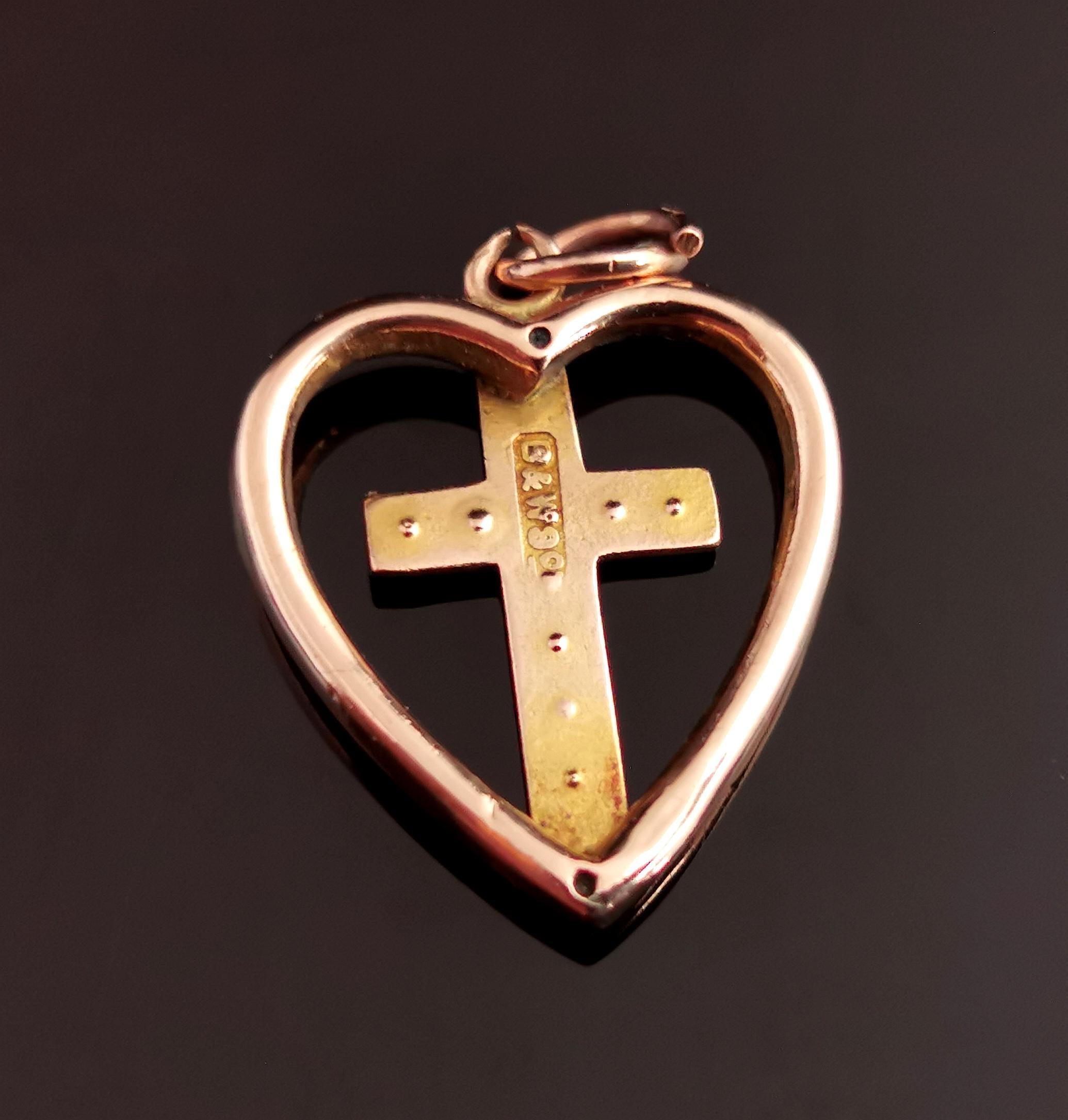 Antique Heart and Cross Pendant, 9k Rose Gold, Turquoise and Seed Pearl 1