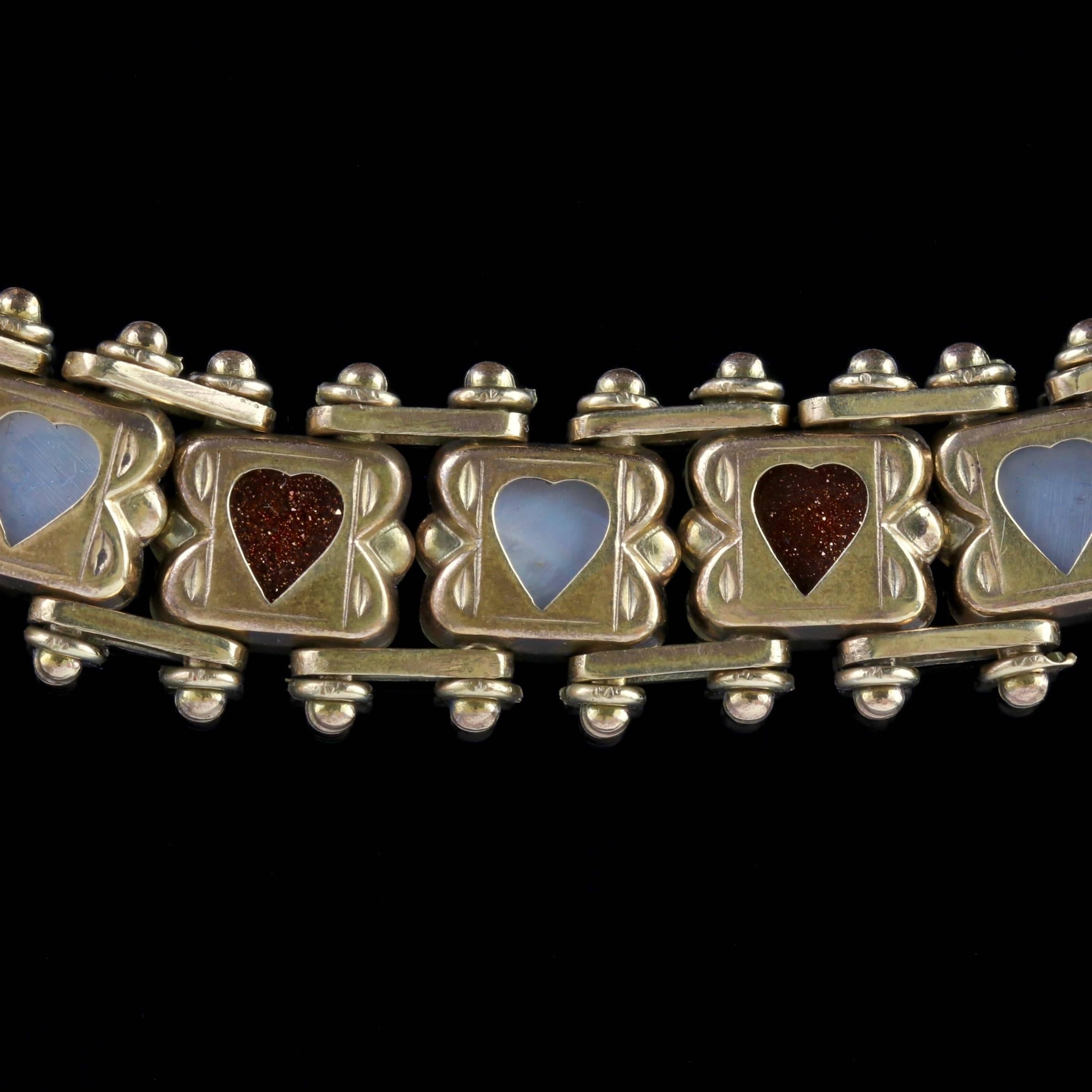 Women's Antique Heart Bracelet Gold Gilt Aventurine Pearl, circa 1890