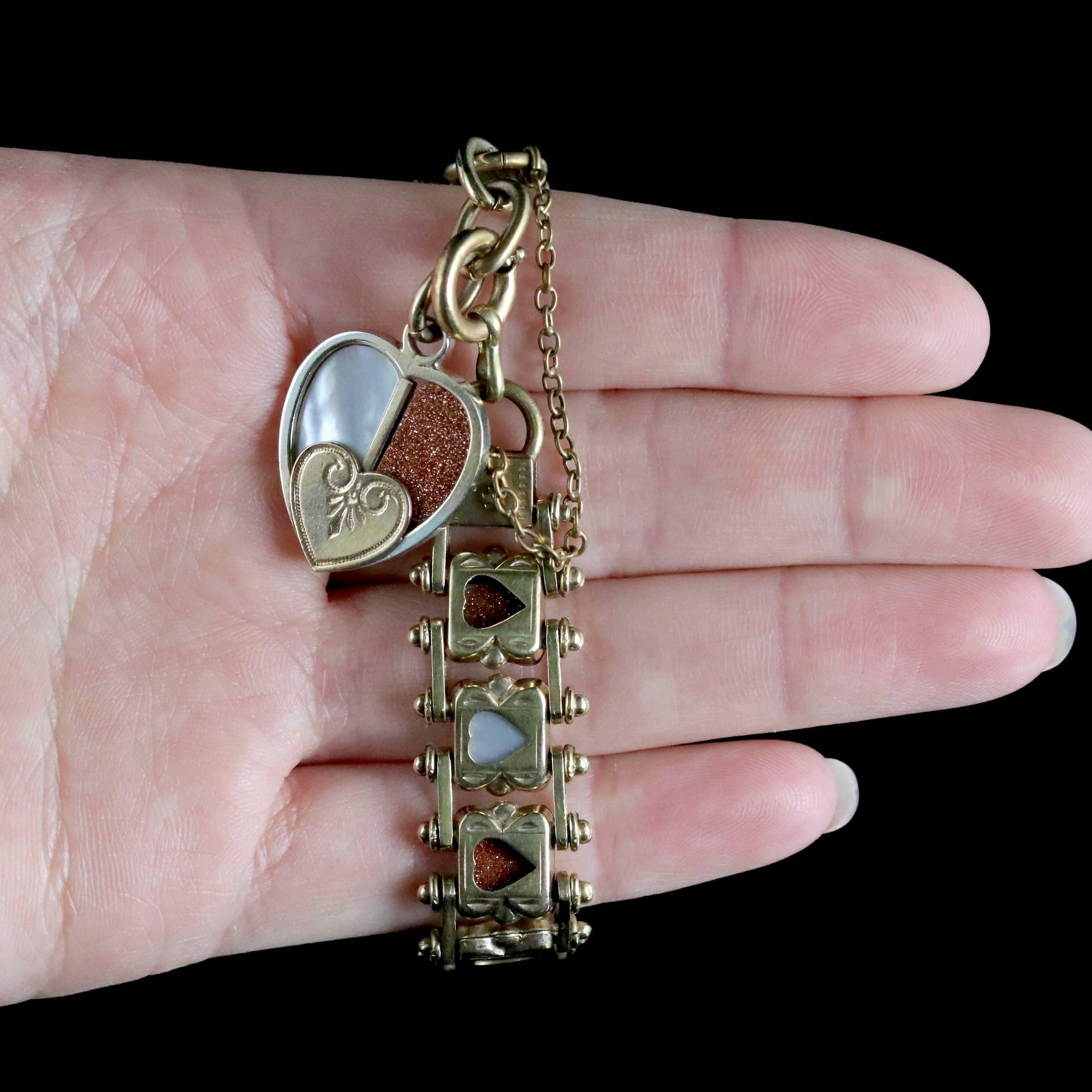 Antique Heart Bracelet Gold Gilt Aventurine Pearl, circa 1890 1