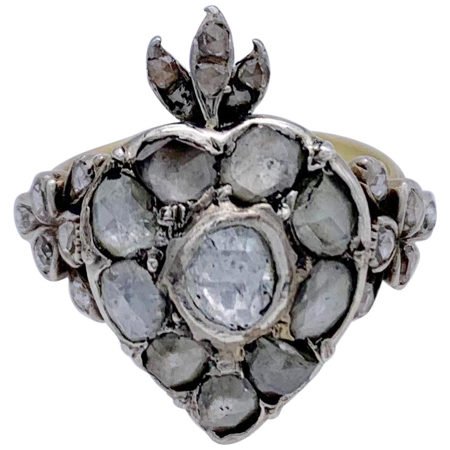 Antiker antiker Diamant-Ring aus dem 18. Jahrhundert, 14 Karat Gold, Herz-Love-Token, Gold-Silber