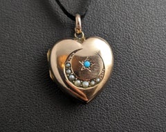 Antique Heart Locket, Crescent Moon and Star, 9k Gold Front and Back