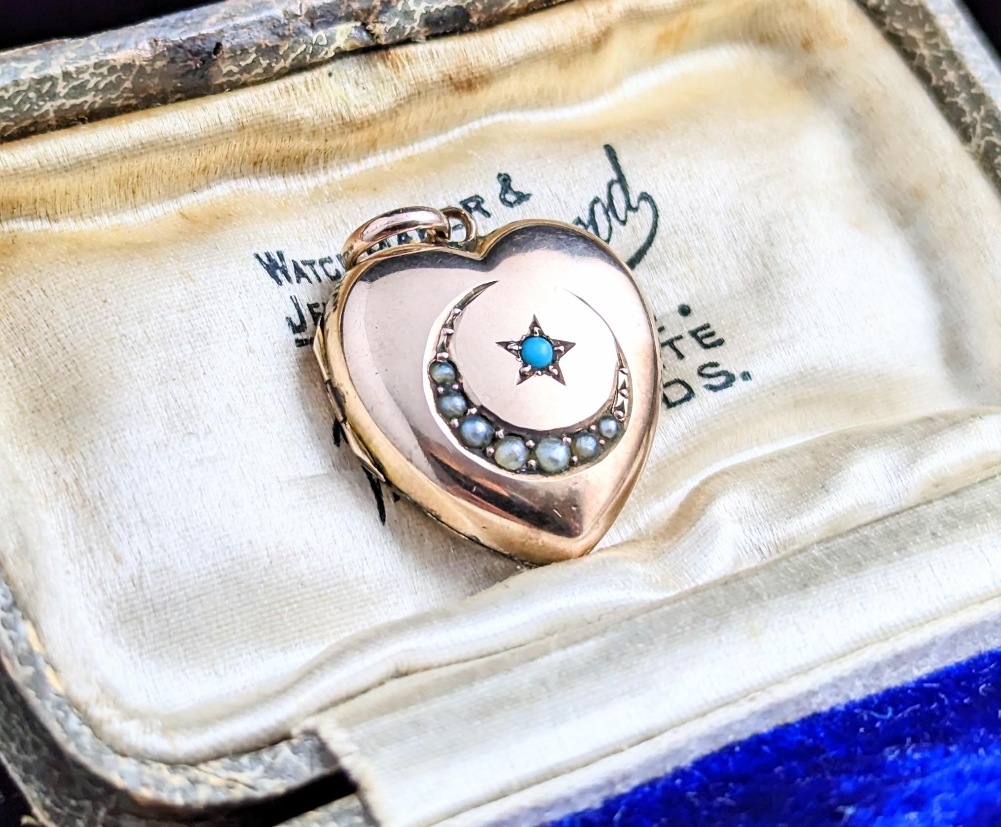 Victorian Antique Heart Locket, Crescent Moon and Star, 9k Gold Front and Back
