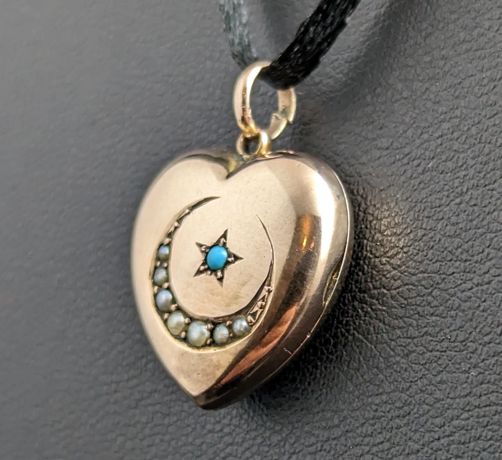 Antique Heart Locket, Crescent Moon and Star, 9k Gold Front and Back 1