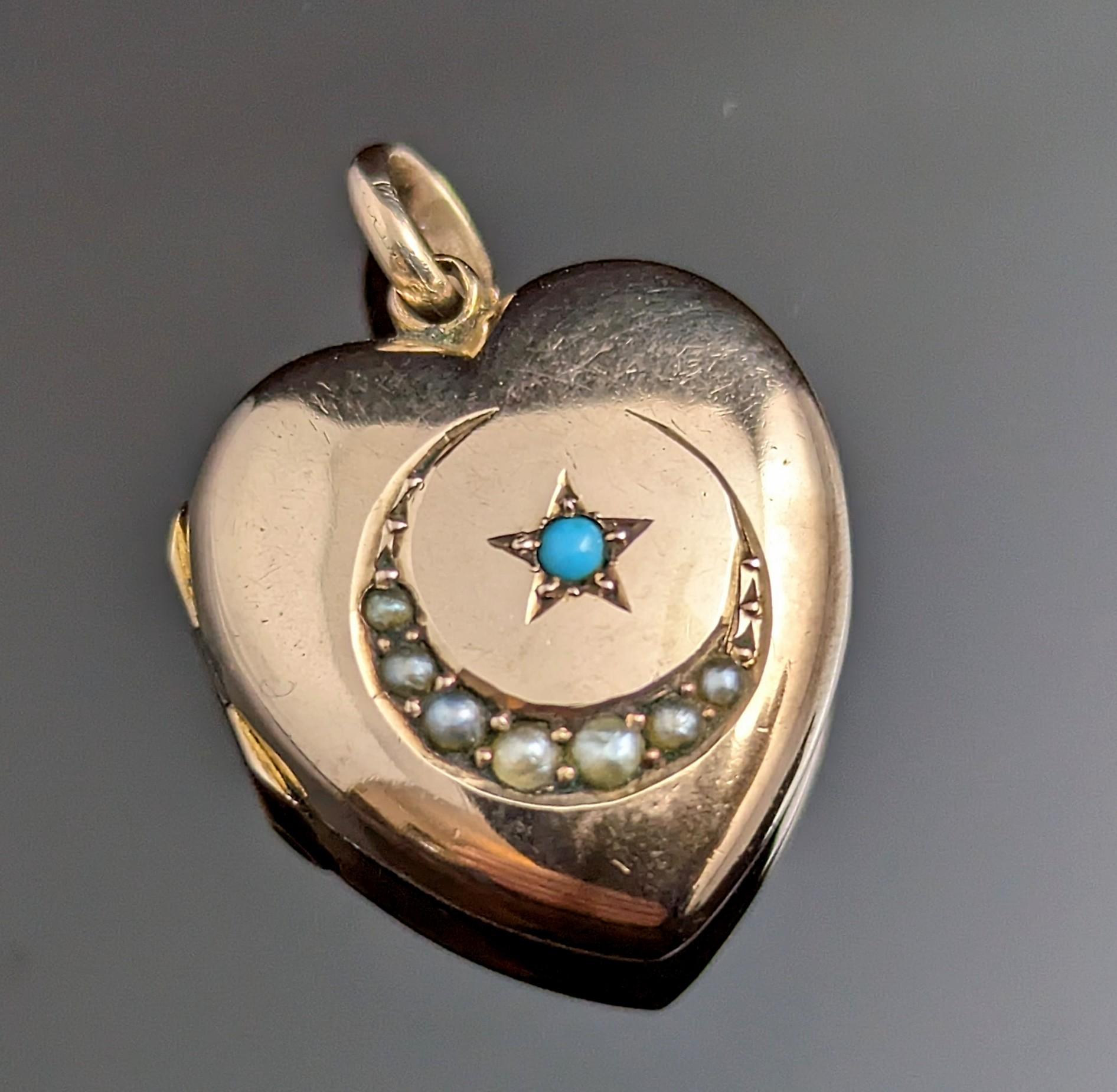 Antique Heart Locket, Crescent Moon and Star, 9k Gold Front and Back 2