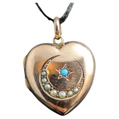 Antique Heart Locket, Crescent Moon and Star, 9k Gold Front and Back