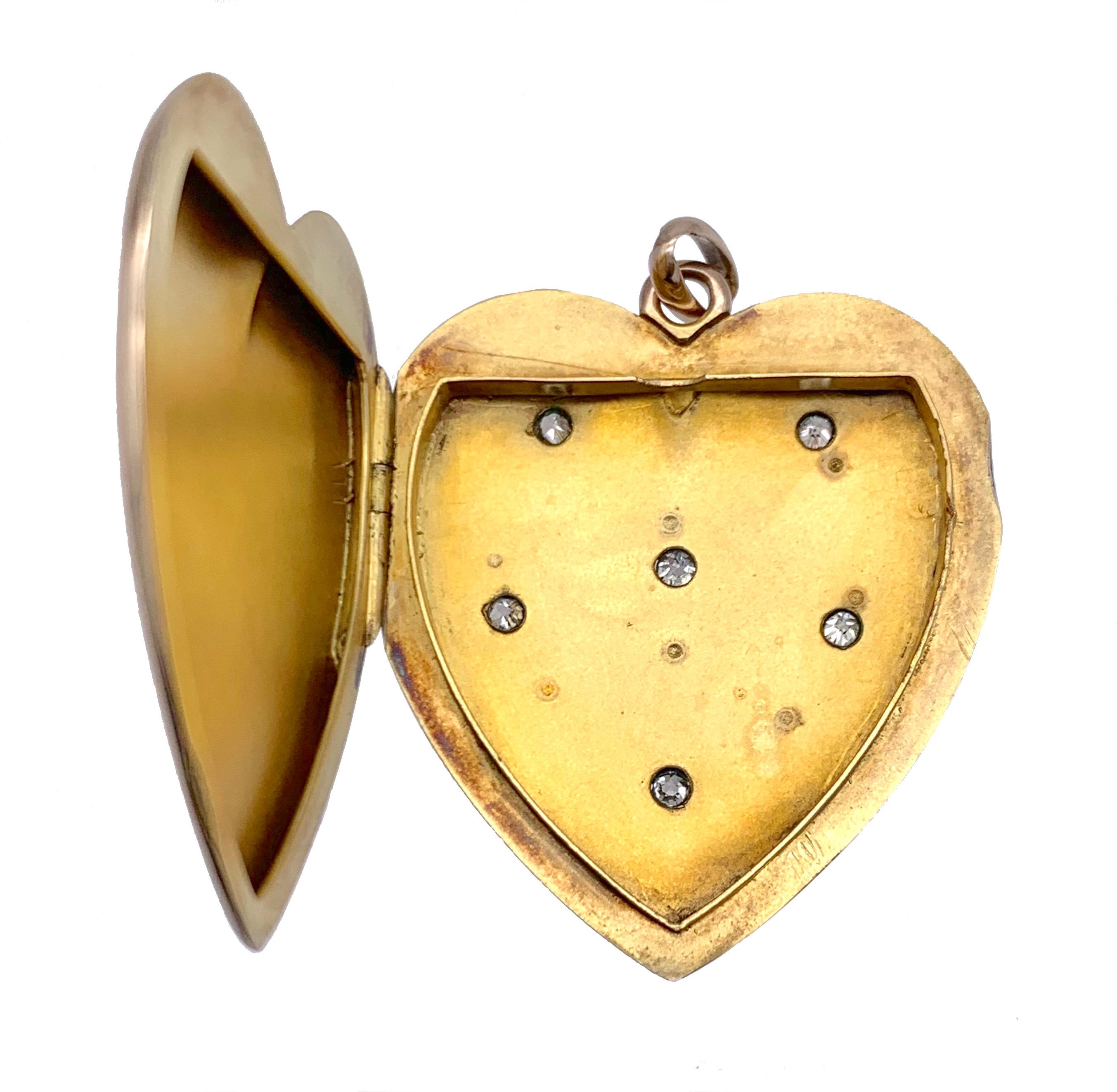 High Victorian Antique Victorian Heart Locket Pendant 14 Karat Rose Gold Diamonds For Sale