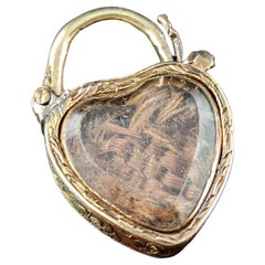 Antique Heart Padlock Locket Pendant, Agate, 9k Gold, Mourning