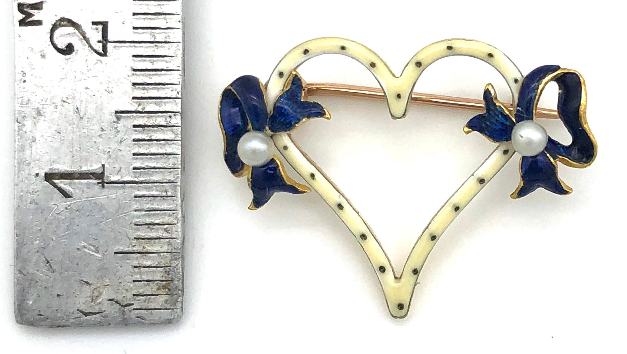 Edwardian Antique Heart Polka Dot Bow Pearl Gold Enamel Brooch For Sale