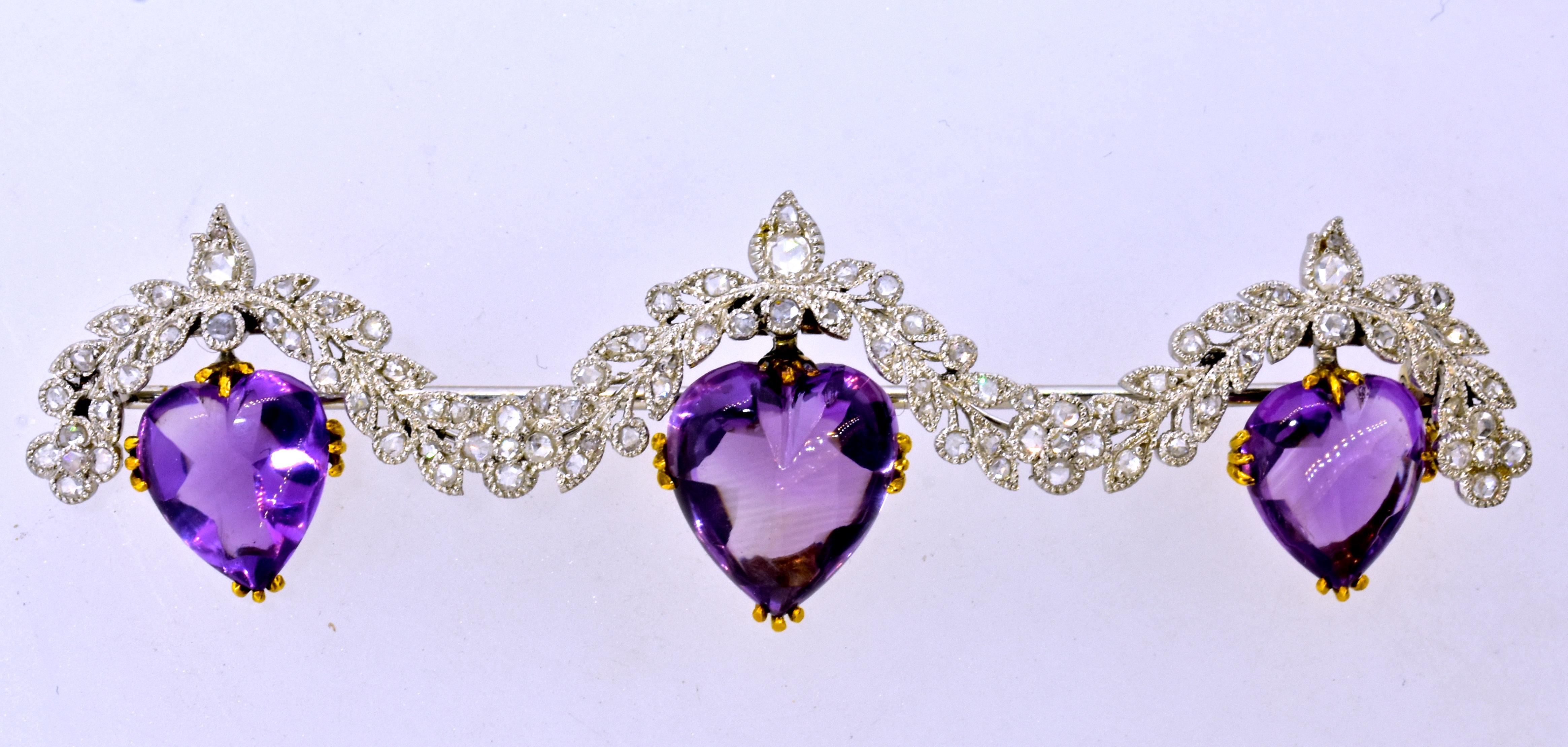 Women's Antique Heart shaped Amethyst Brooch with Diamond, Edwardian, circa 1910 For Sale