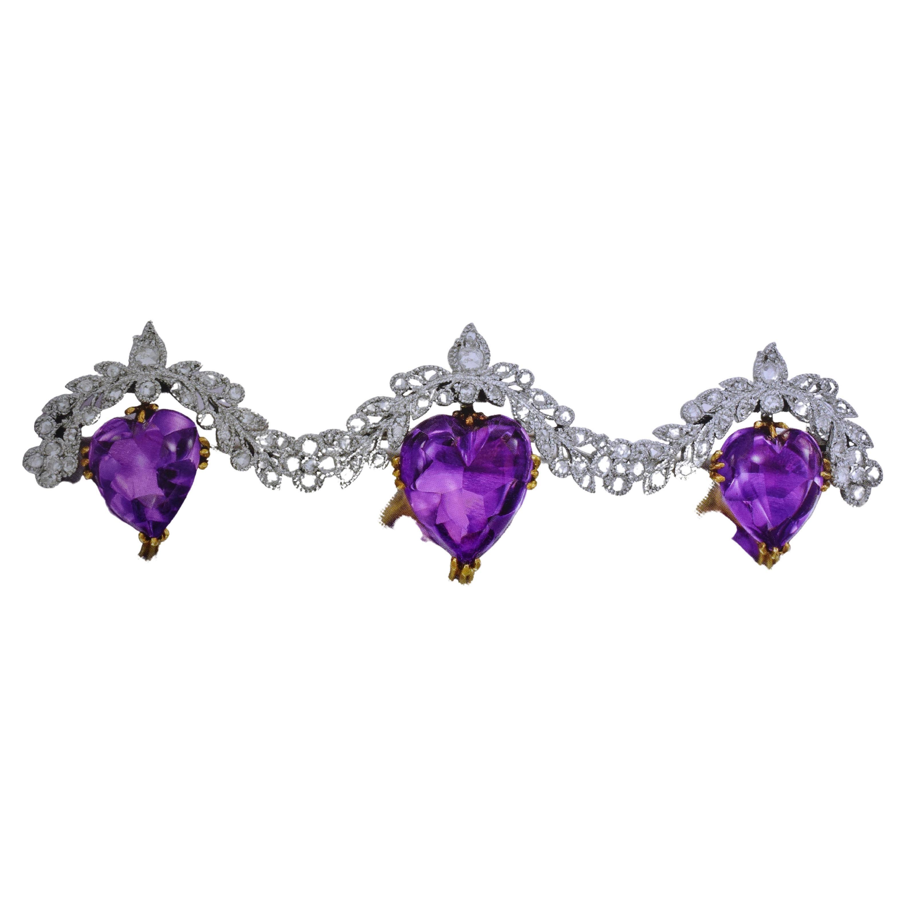 Antique Heart shaped Amethyst Brooch with Diamond, Edwardian, circa 1910 For Sale