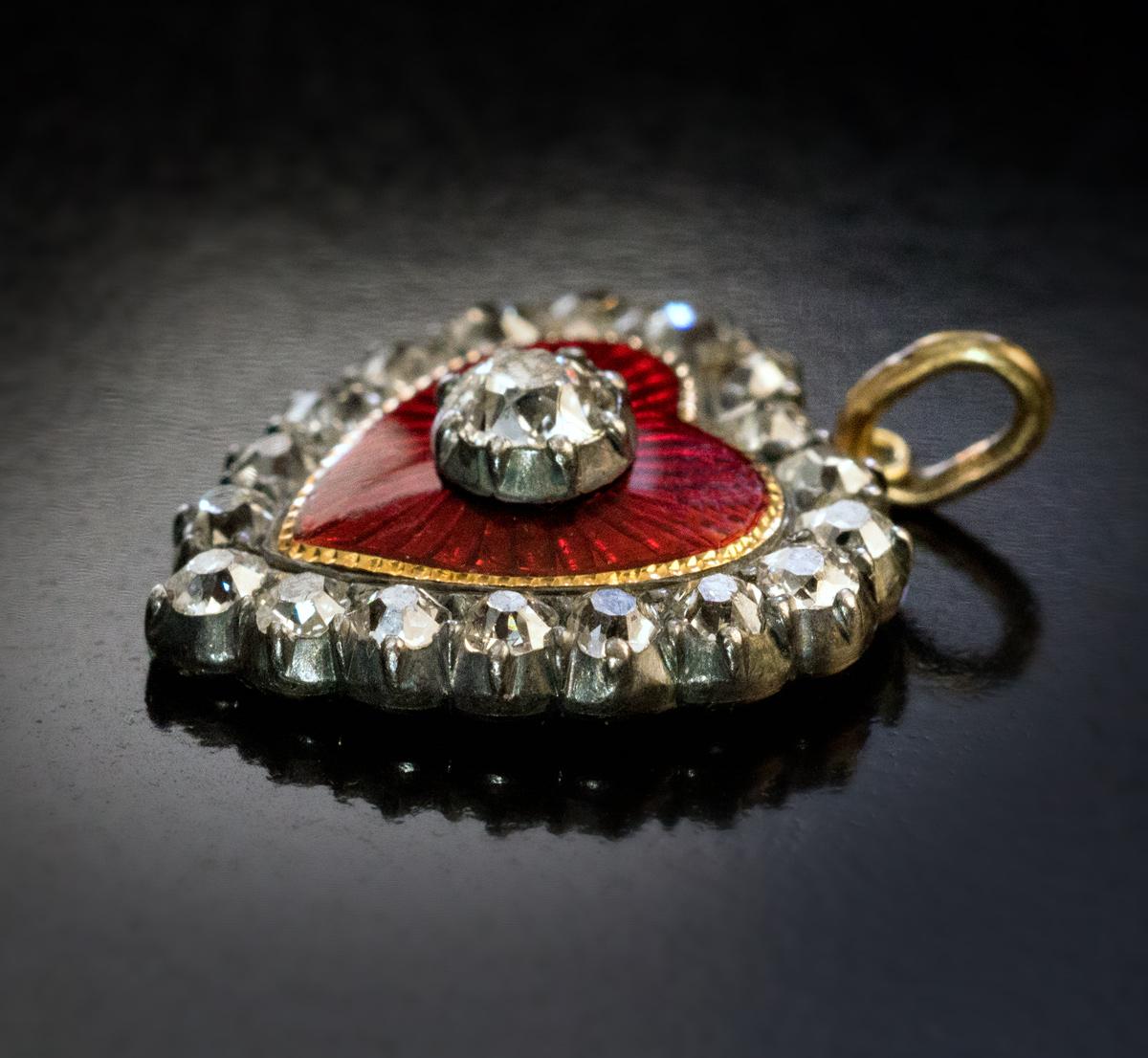 Victorian Antique Heart Shaped Diamond Red Guilloche Enamel Pendant