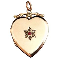 Antique Heart Shaped Locket, 9k Gold Front and Back, Paste