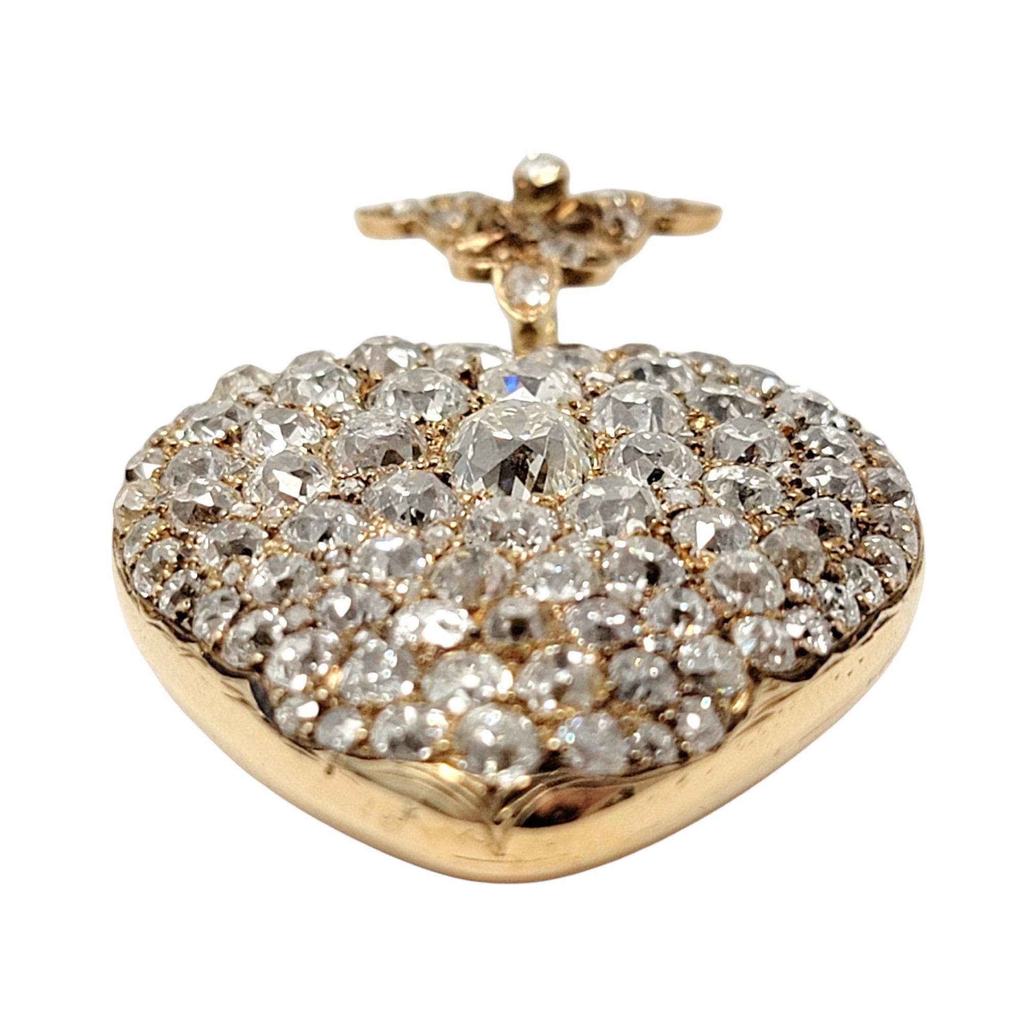 Women's Antique Heart Shaped Victorian Old Mine Diamond Pendant Locket in 14 Karat Gold