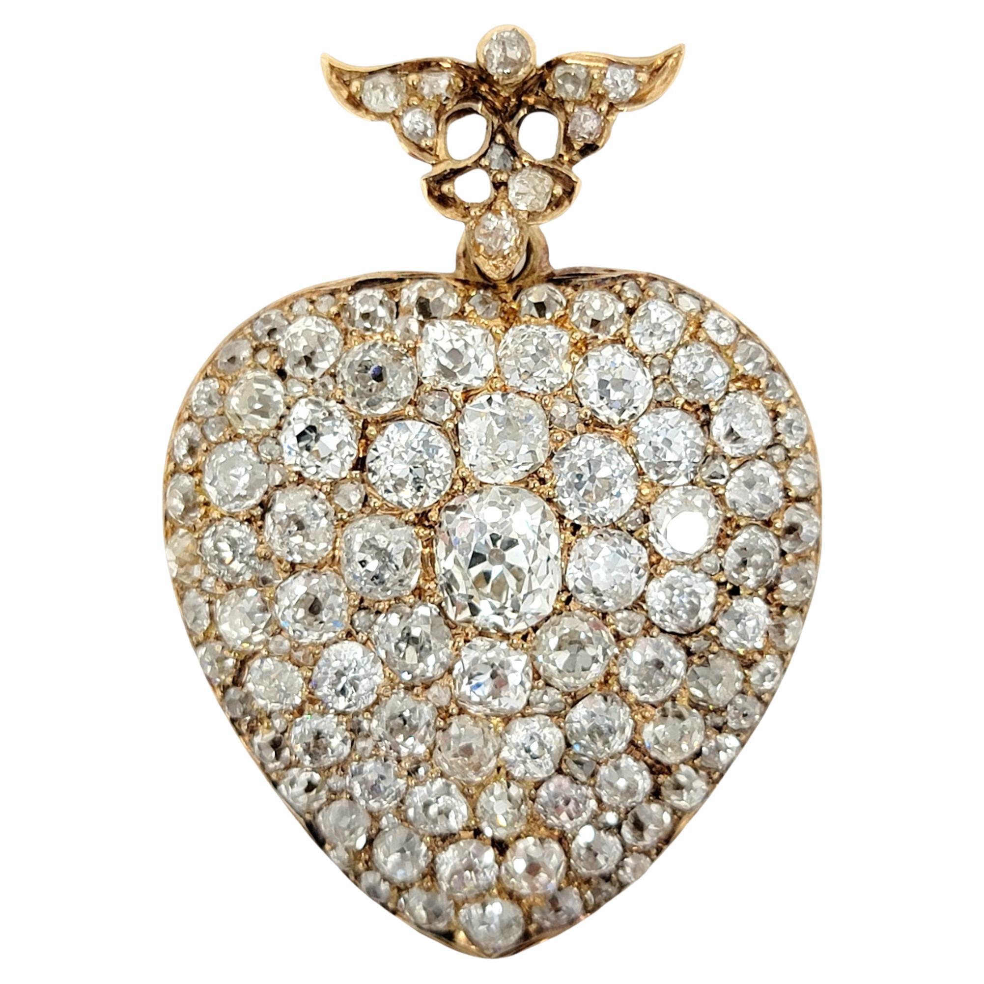 Antique médaillon pendentif victorien en or 14 carats avec diamants en forme de cœur et ancienne mine