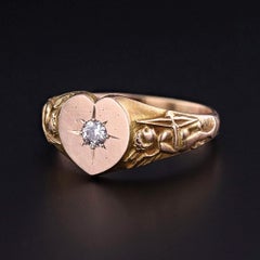 Antique Diamond Heart Signet Ring of 10k Gold, Circa 1900