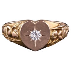 Antique Diamond Heart Signet Ring of 10k Gold, Circa 1900