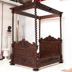 Antique Heavily Carved Continental Four Posted Bed  European Double