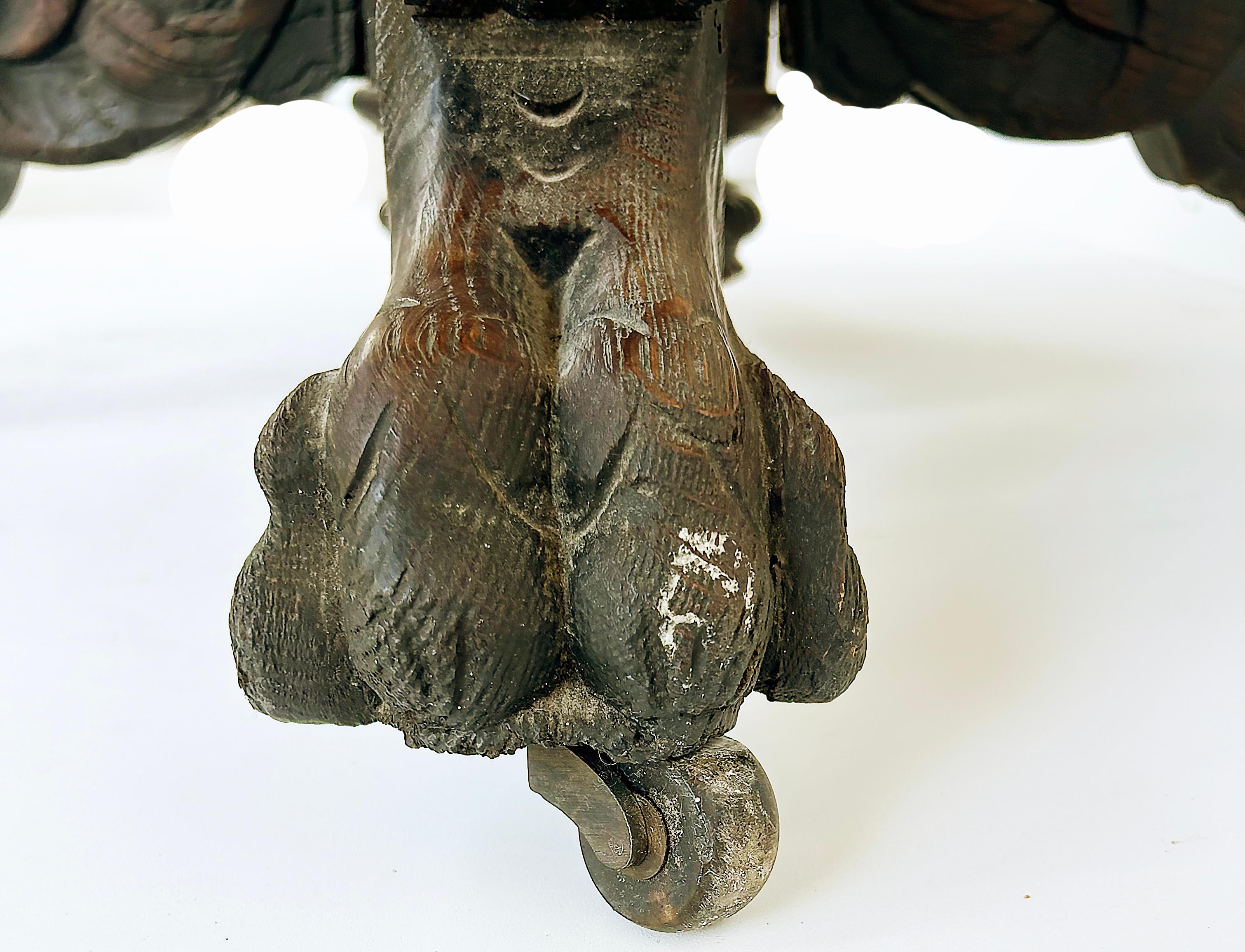 Antique Heavily Carved Griffins Wood Center, Game Table on Casters For Sale 7