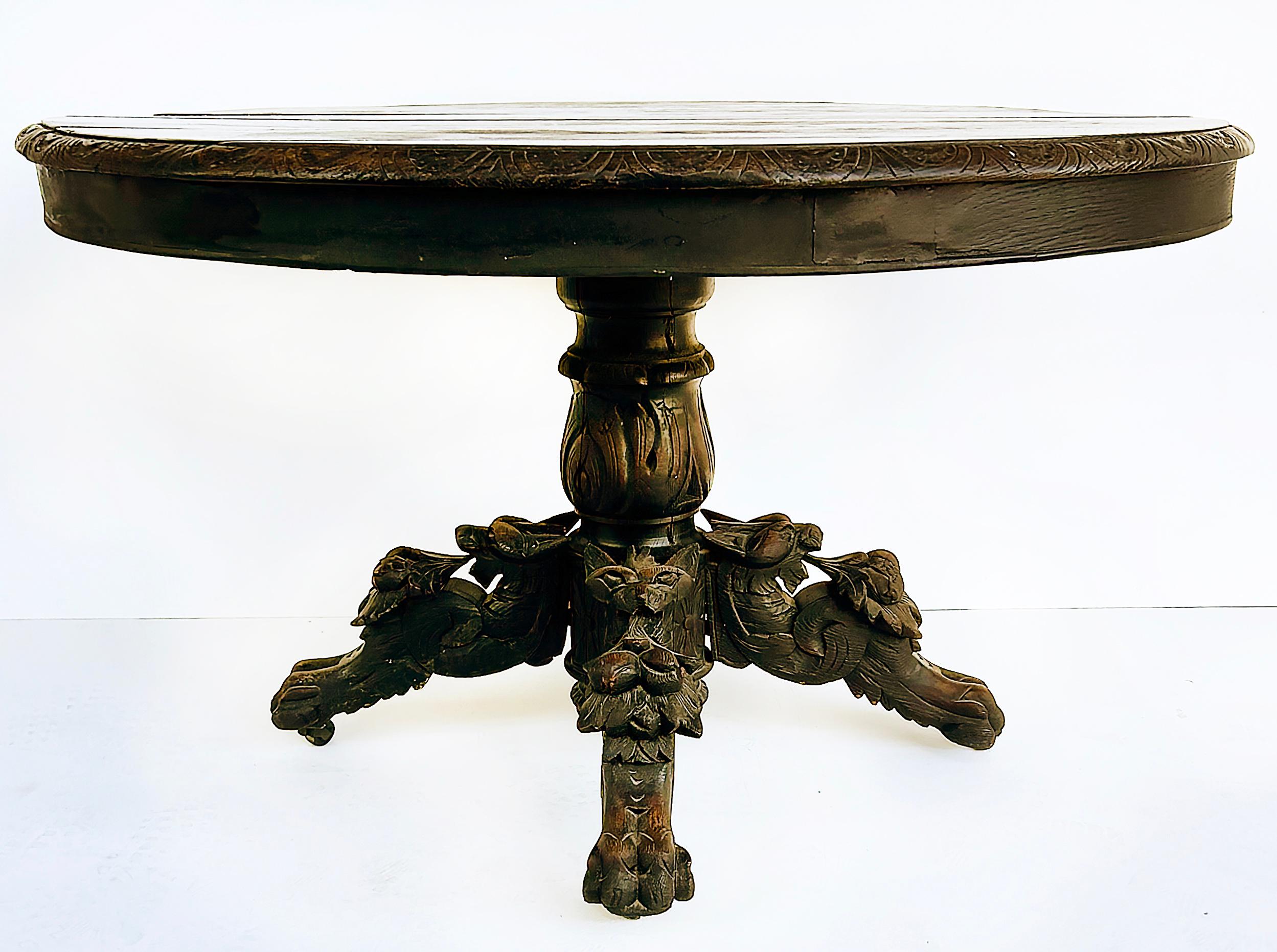 Antique Heavily Carved Griffins Wood Center, Game Table on Casters For Sale 4