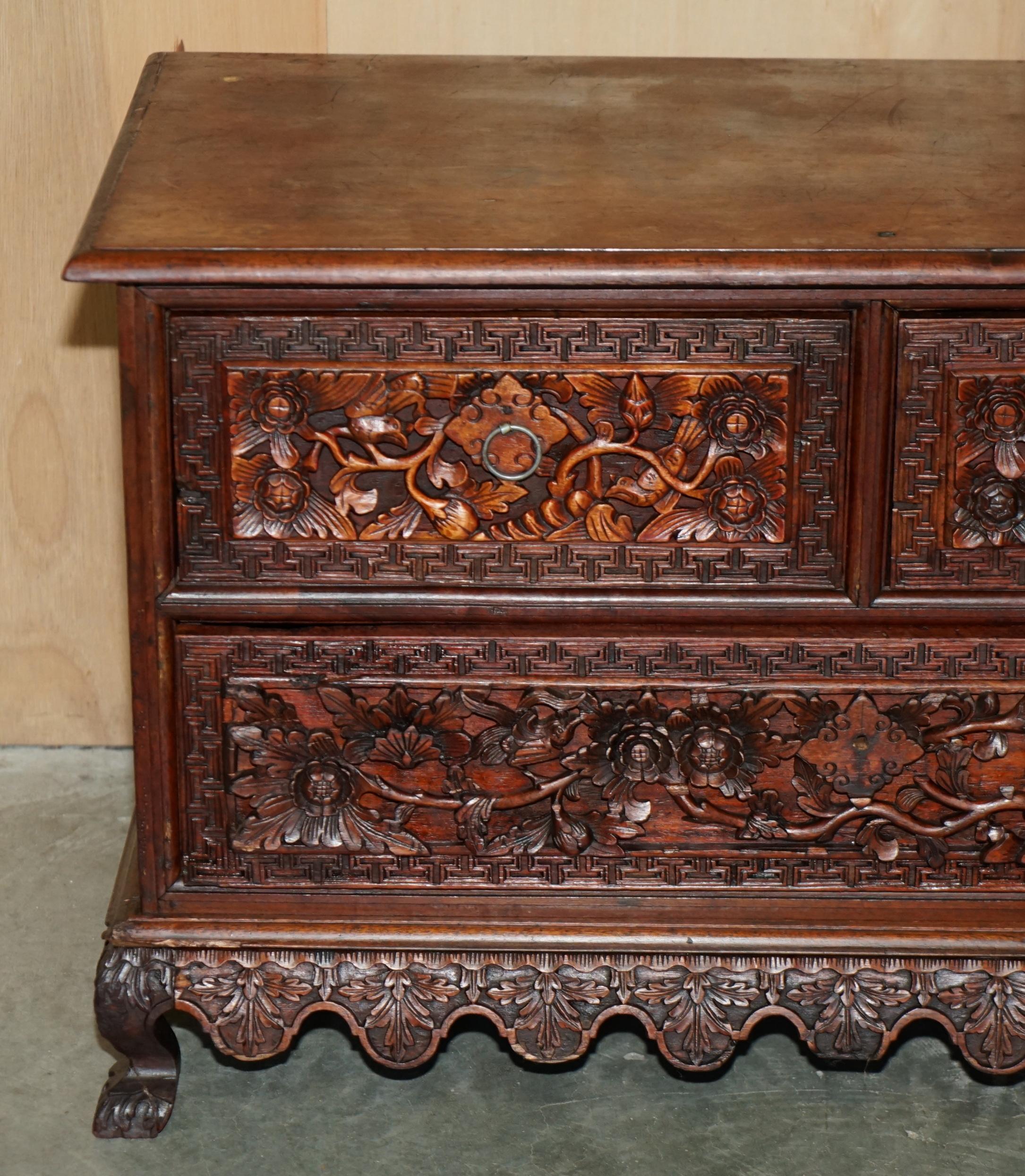 Anglo-Indian ANTiQUE HEAVILY CARVED INDONESIAN TWO OVER ONE CHEST OF DRAWERS GOOD TV STAND