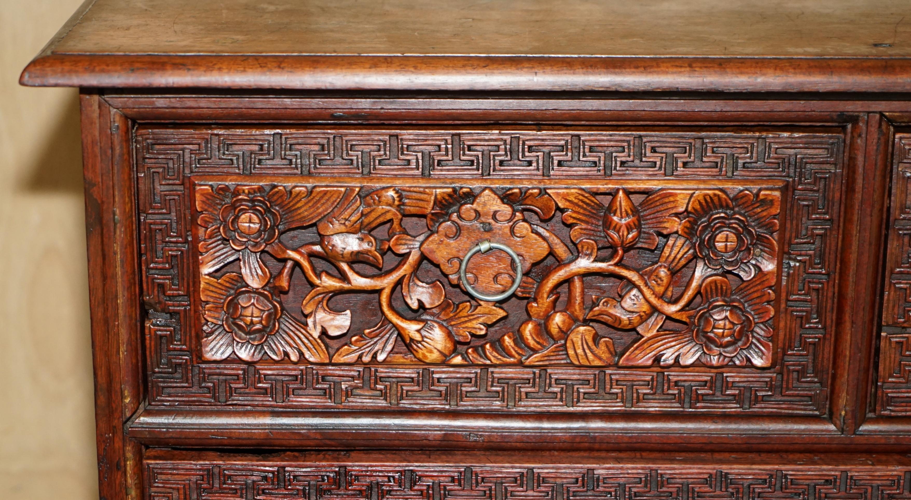 Indonesian ANTiQUE HEAVILY CARVED INDONESIAN TWO OVER ONE CHEST OF DRAWERS GOOD TV STAND
