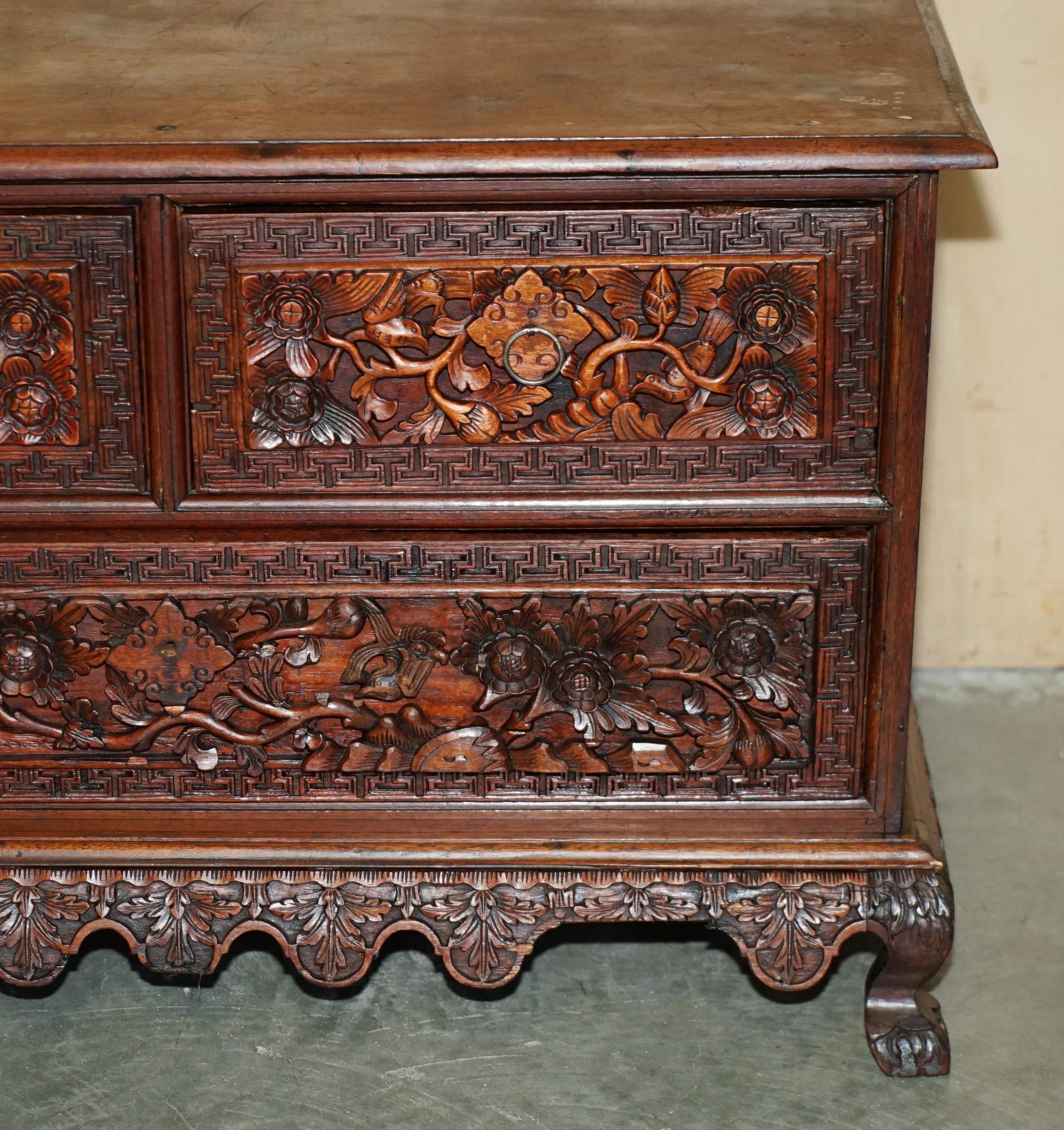 ANTiQUE HEAVILY CARVED INDONESIAN TWO OVER ONE CHEST OF DRAWERS GOOD TV STAND In Fair Condition In West Sussex, Pulborough
