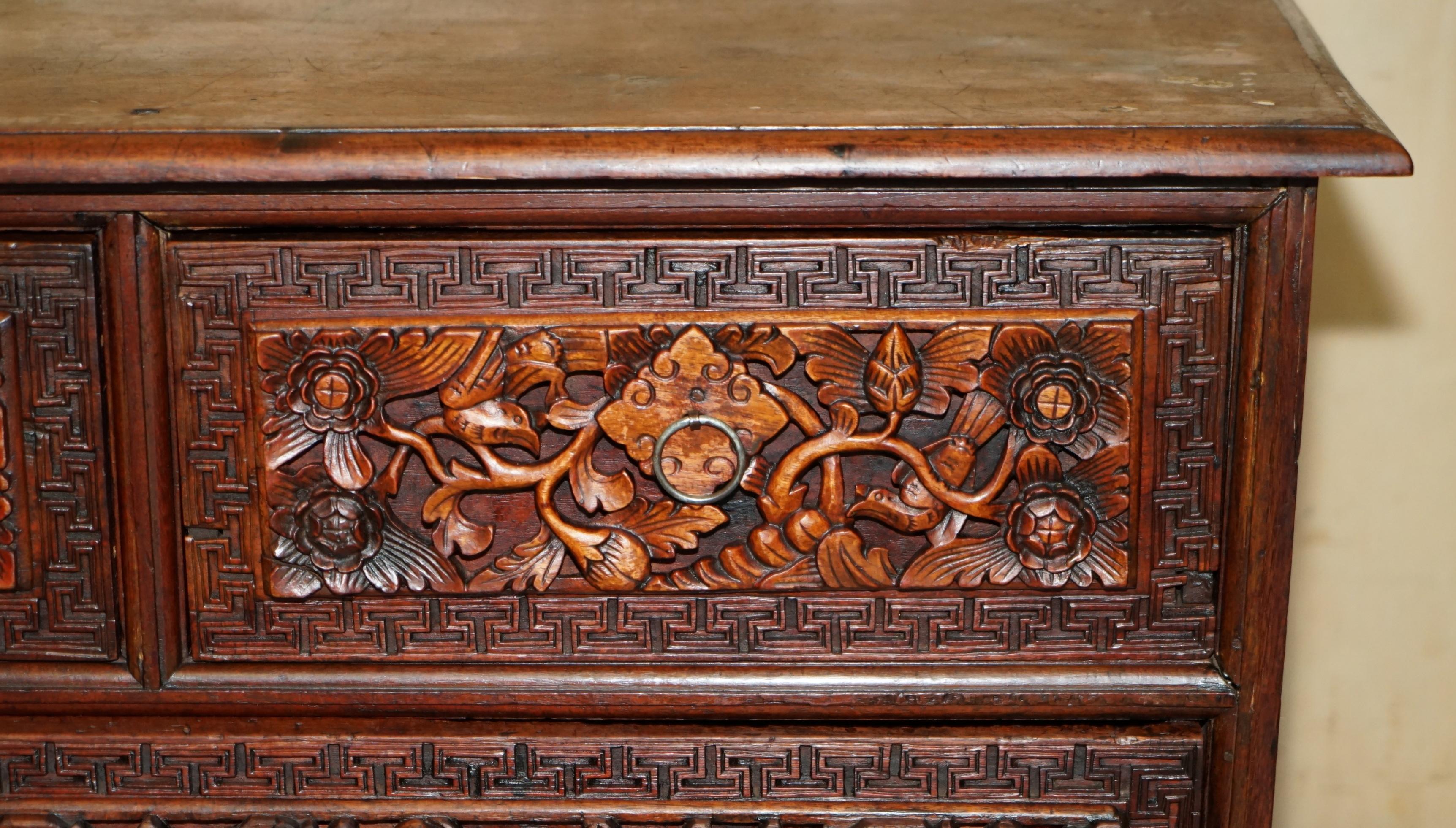 Mid-20th Century ANTiQUE HEAVILY CARVED INDONESIAN TWO OVER ONE CHEST OF DRAWERS GOOD TV STAND