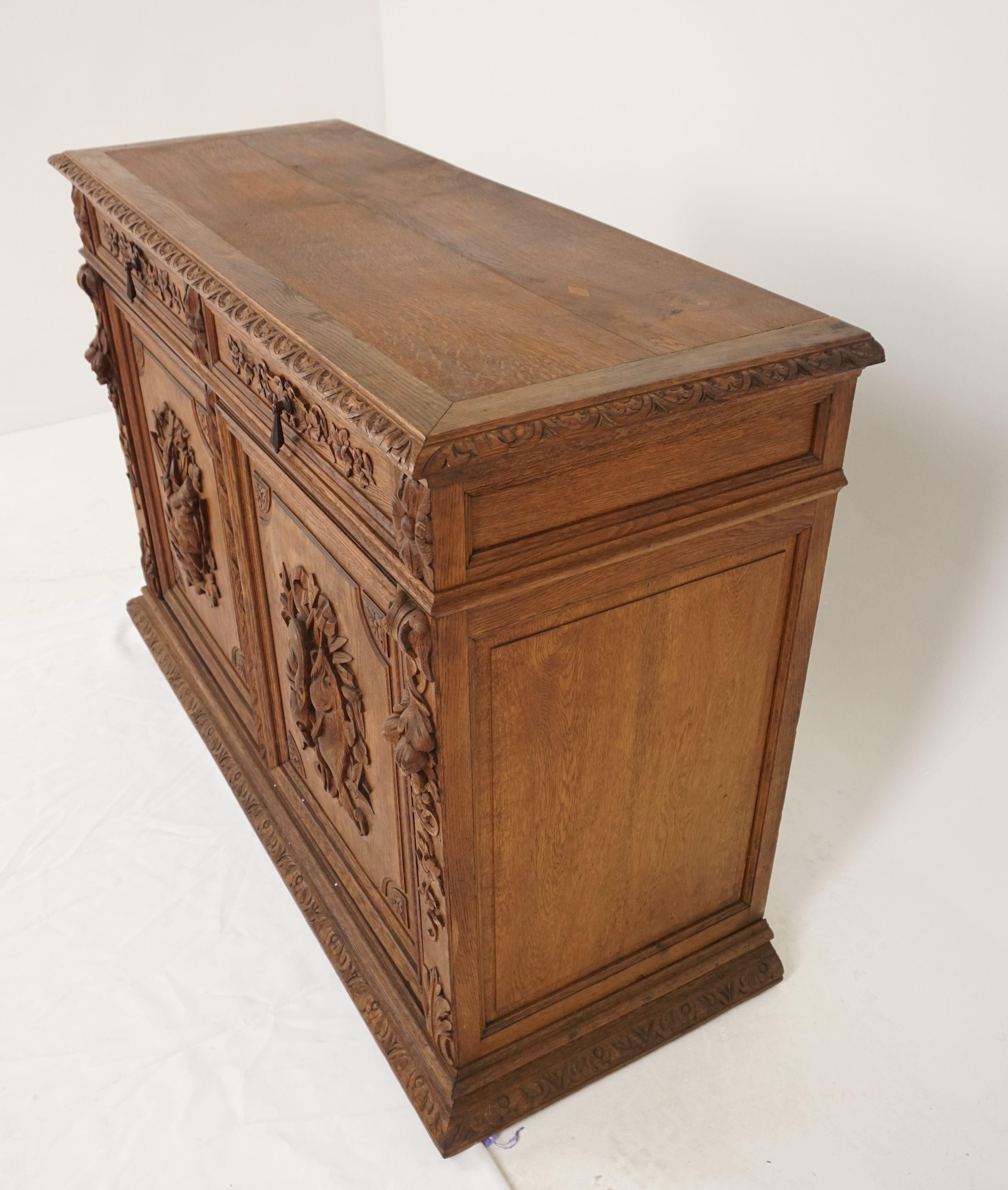 Antique Heavily Carved Oak Sideboard Buffet, Scotland 1880, B1819 In Good Condition In Vancouver, BC