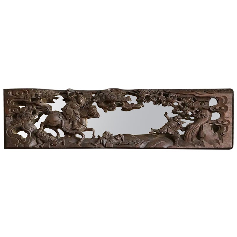 Antique Heavily Carved Wooden Chinese Mirror Depicting a Battle Scene