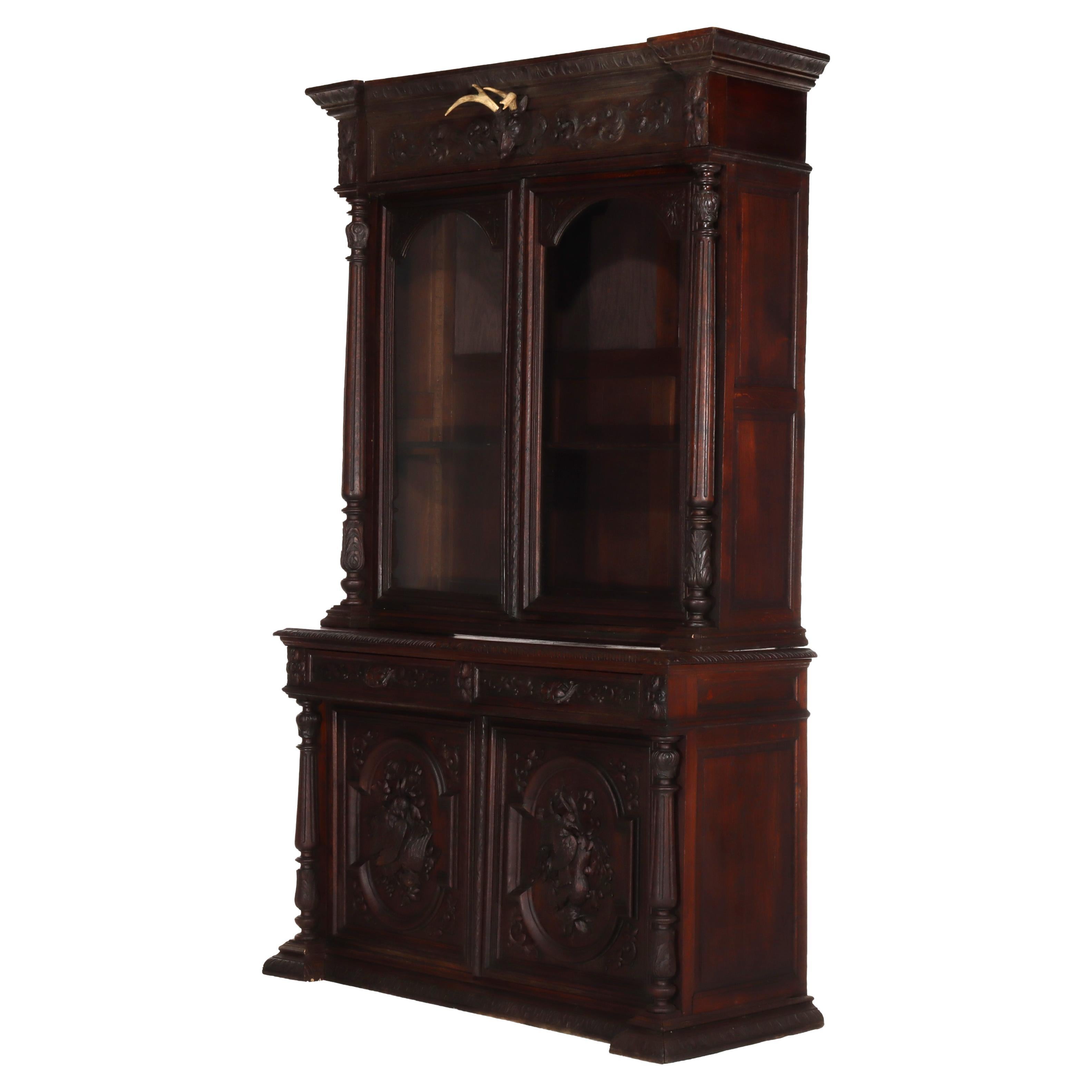 Antique Heavily Figural & Floral Carved Oak Step Back Hunt Cupboard c1920