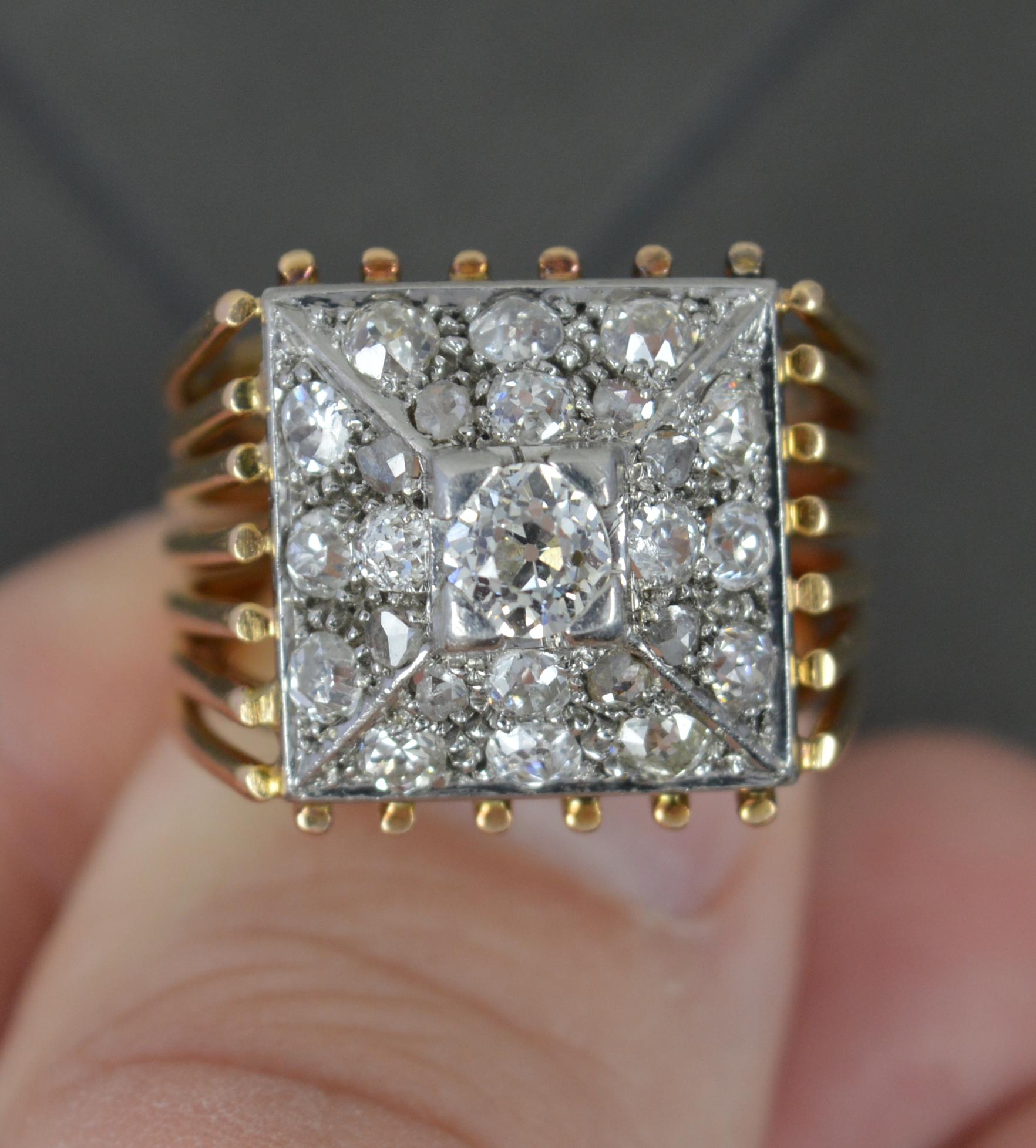 Old European Cut Antique Heavy 18ct Gold and Old Cut Diamond Square Cluster Ring For Sale
