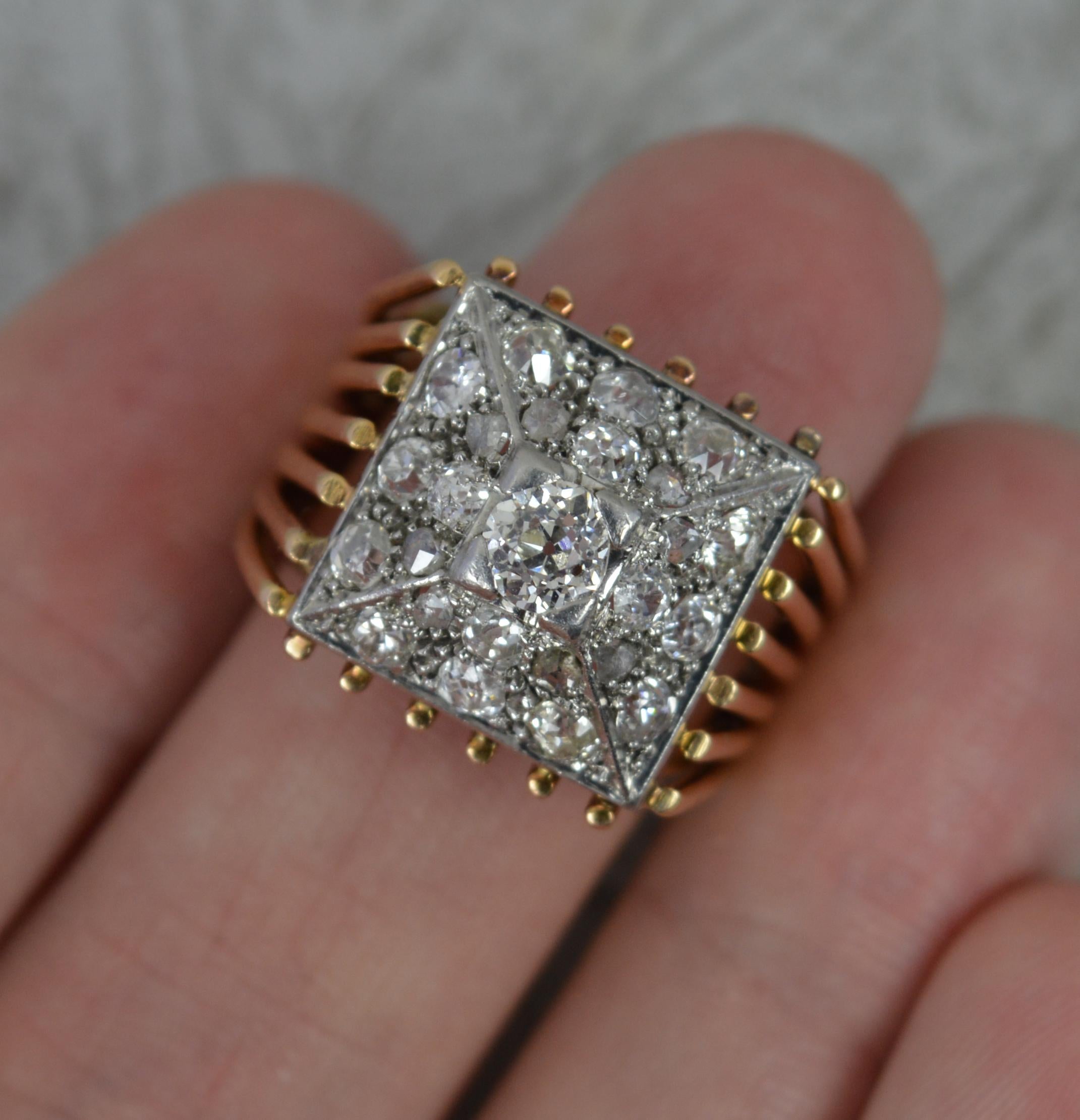 Antique Heavy 18ct Gold and Old Cut Diamond Square Cluster Ring For Sale 1