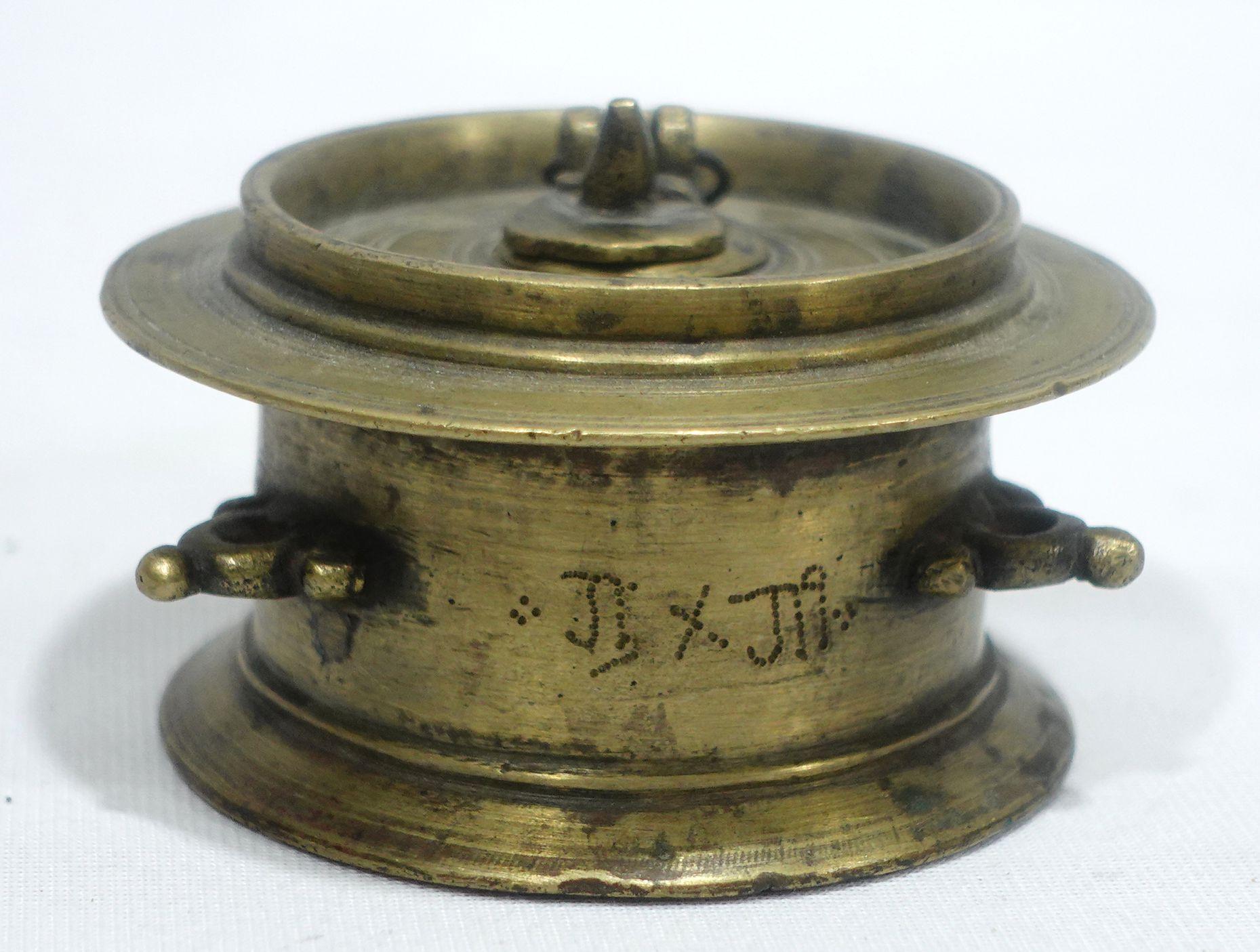 Hand-Crafted Antique Heavy Brass Ink Pot with Sign, 18th Century For Sale