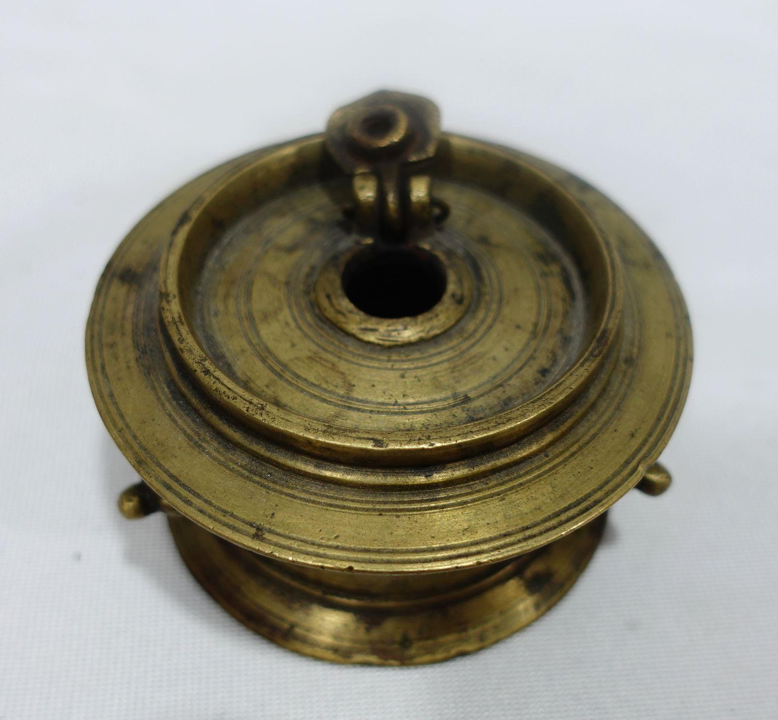 18th Century and Earlier Antique Heavy Brass Ink Pot with Sign, 18th Century For Sale