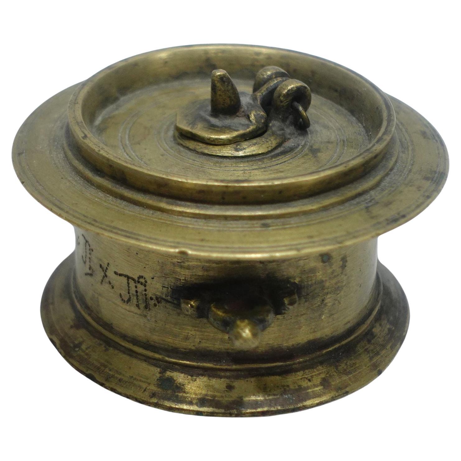 Antique Heavy Brass Ink Pot with Sign, 18th Century