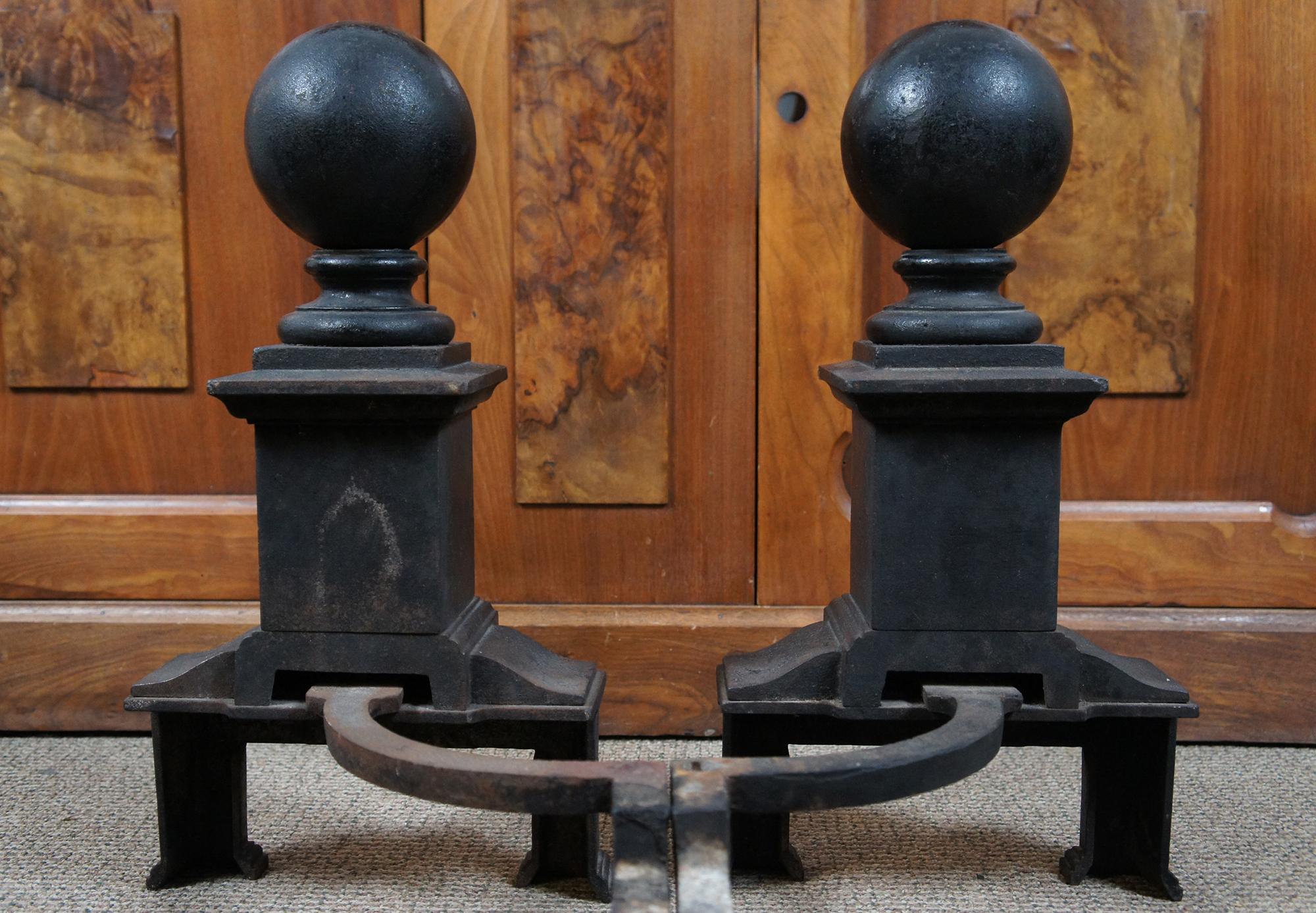 19th Century Antique Heavy Cast Iron Cannon Ball Fireplace Andirons Fire Dogs Hearthware