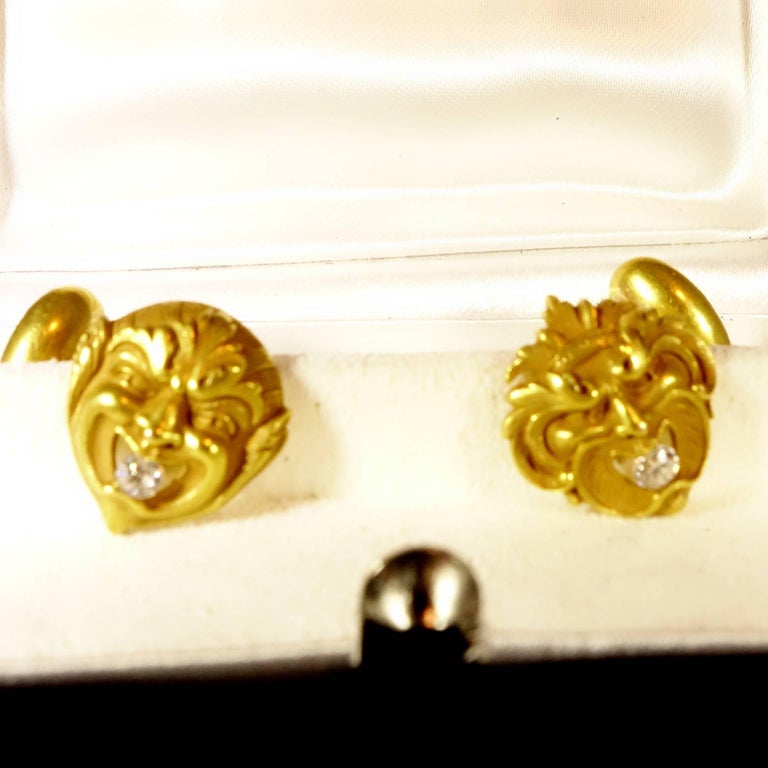 Antique Heavy Diamond Gold Mask Cufflinks, circa 1880 For Sale at 1stdibs