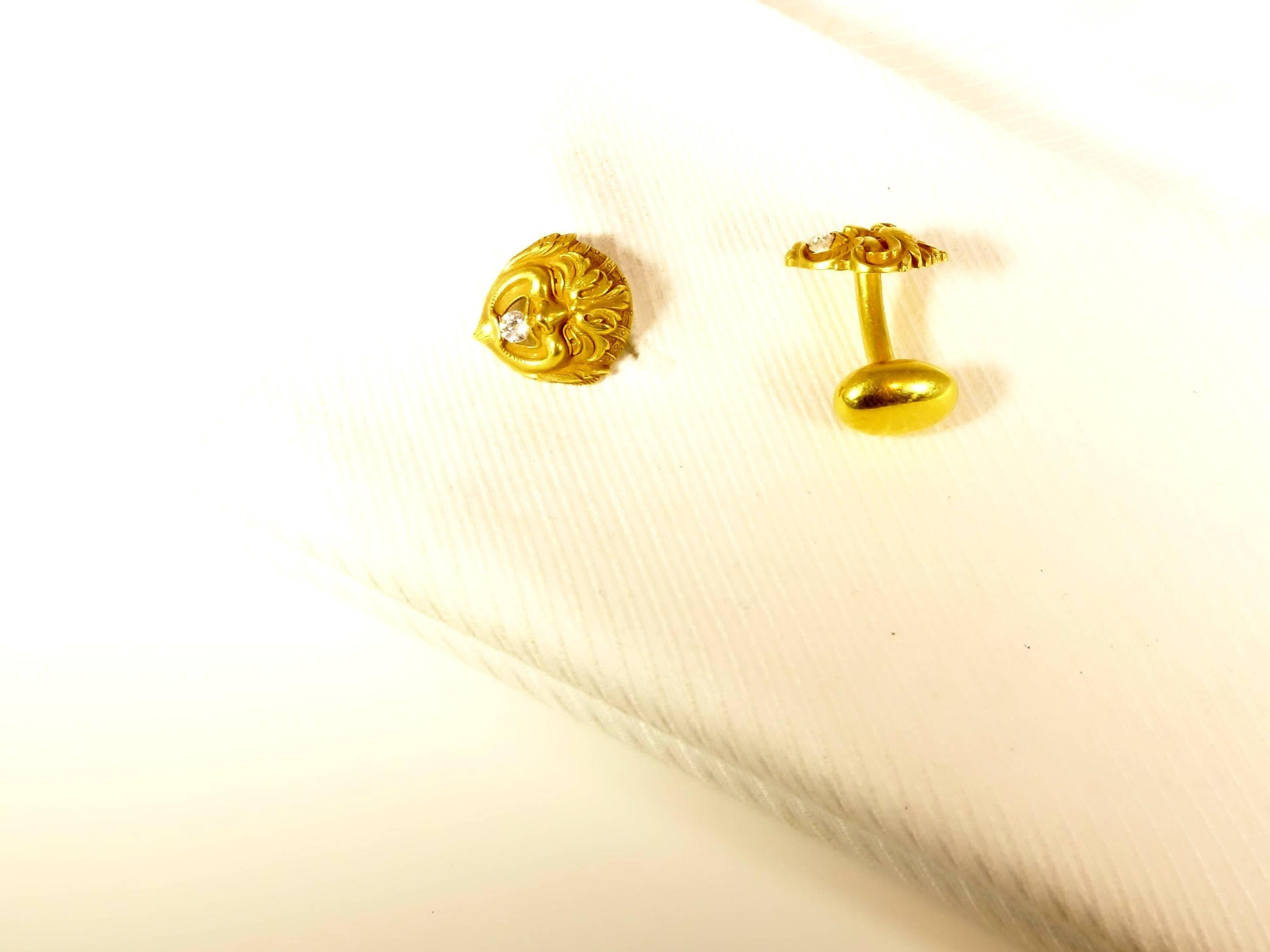 High Victorian Antique Heavy Diamond Gold Mask Cufflinks, circa 1880