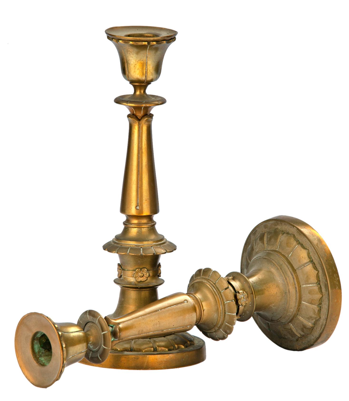 Hand-Crafted Antique Heavy French Brass Empire Candlesticks, a pair For Sale