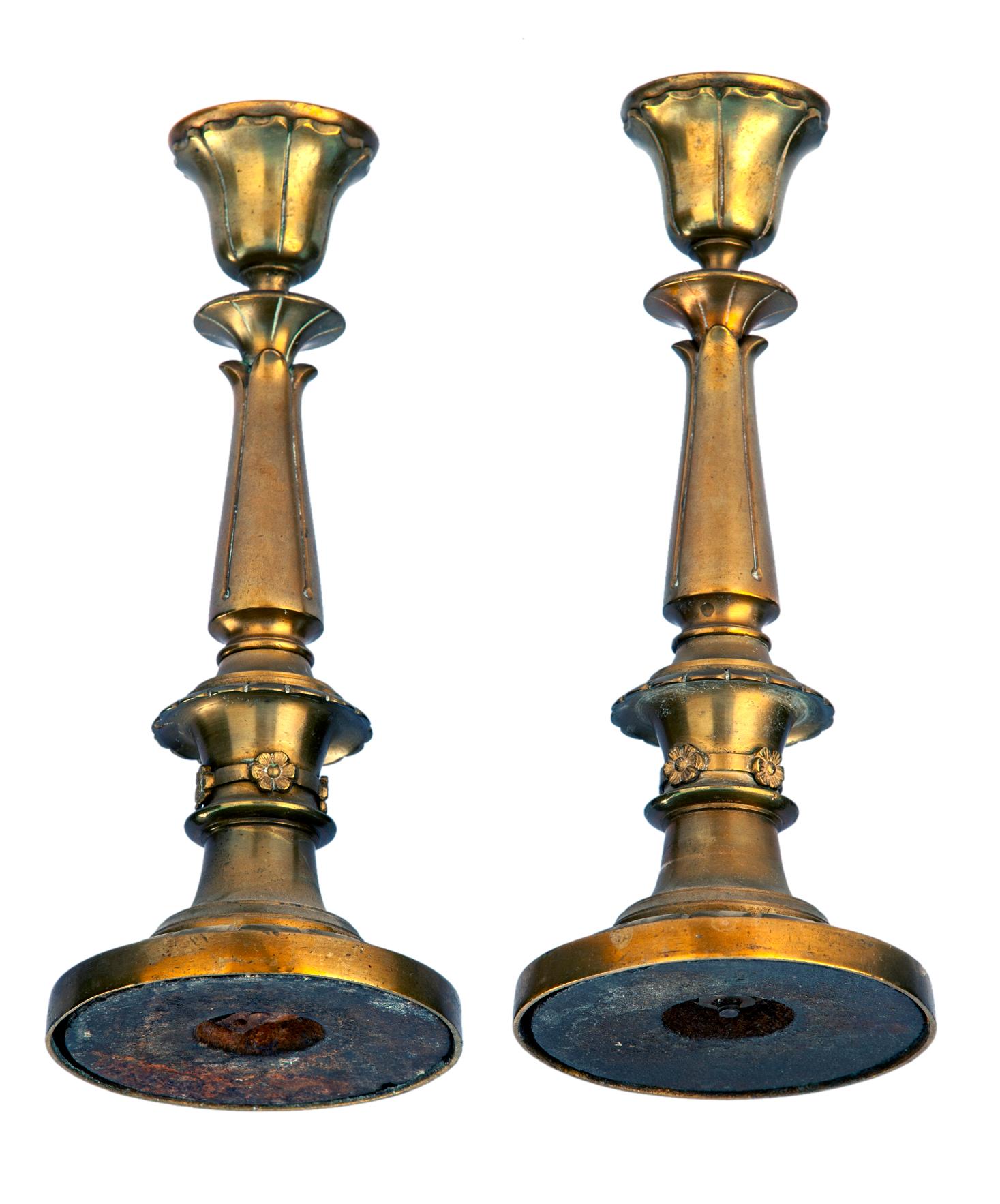19th Century Antique Heavy French Brass Empire Candlesticks, a pair For Sale