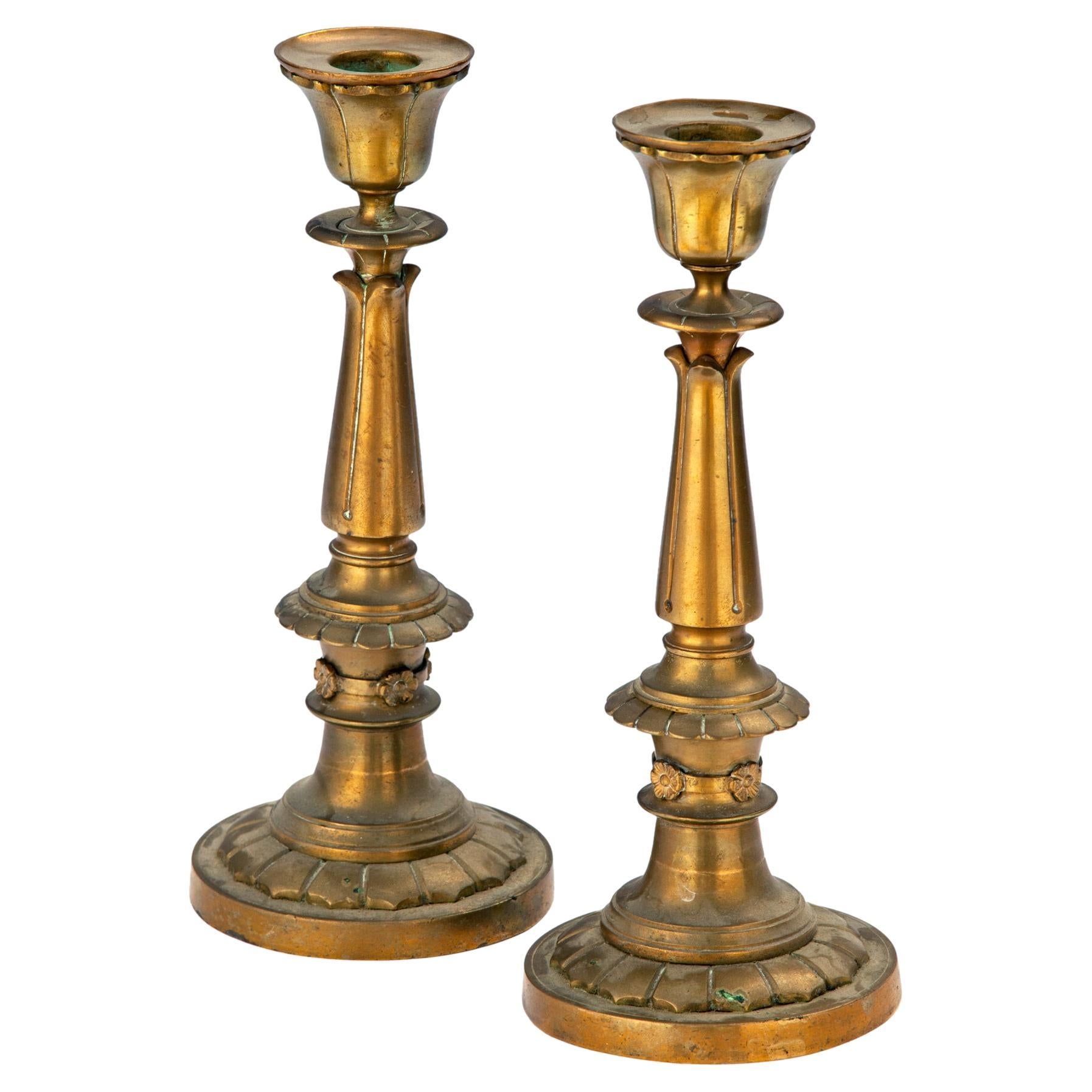 Antique Heavy French Brass Empire Candlesticks, a pair For Sale