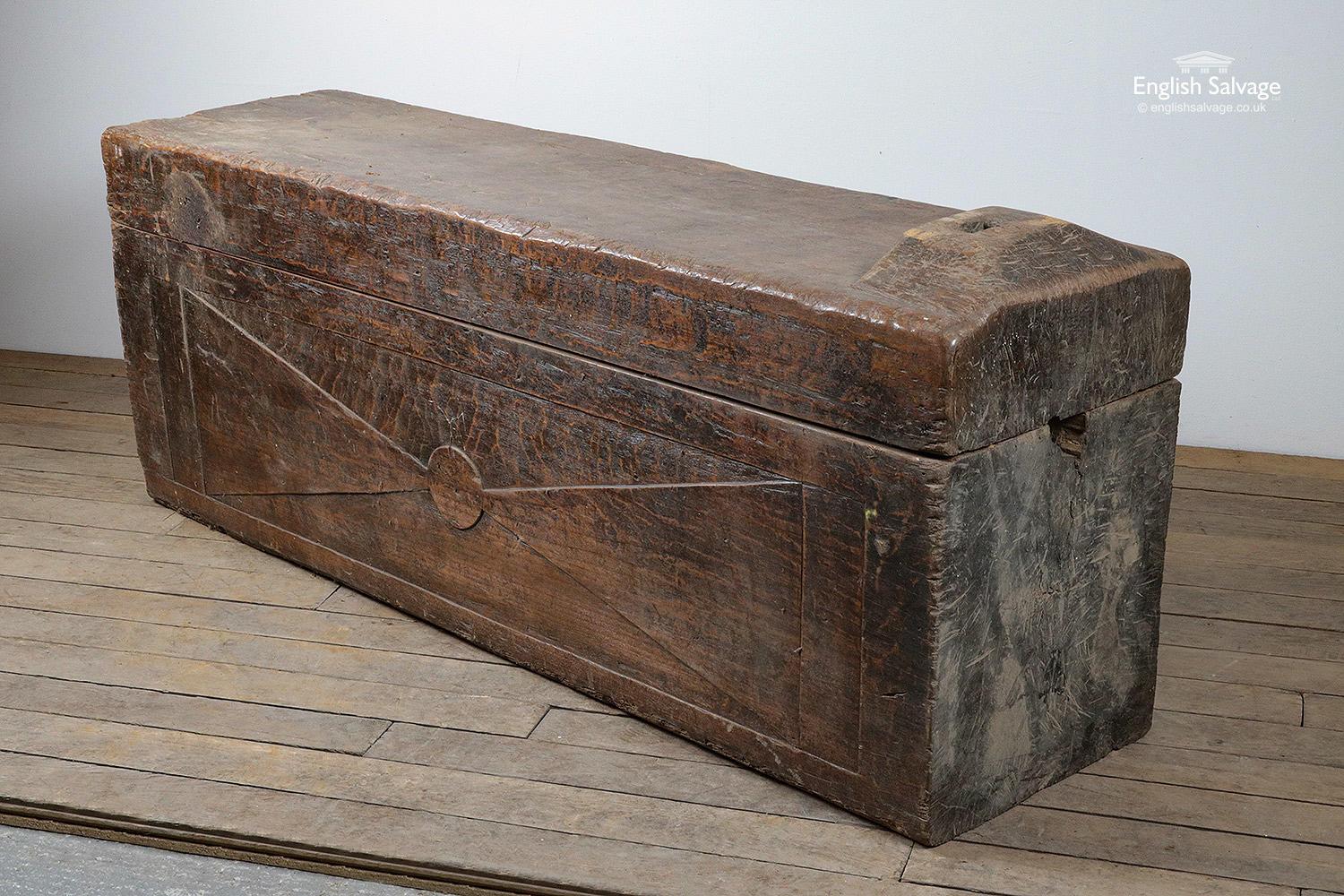 Lovely old Indonesian hardwood grain store or box or trunk with a sliding lid. Very heavy. Measurements below are the maximum externally. Internally 143cm long x 49.5cm. Nice patina to the wood and attractive carving to the sides. A useful, original