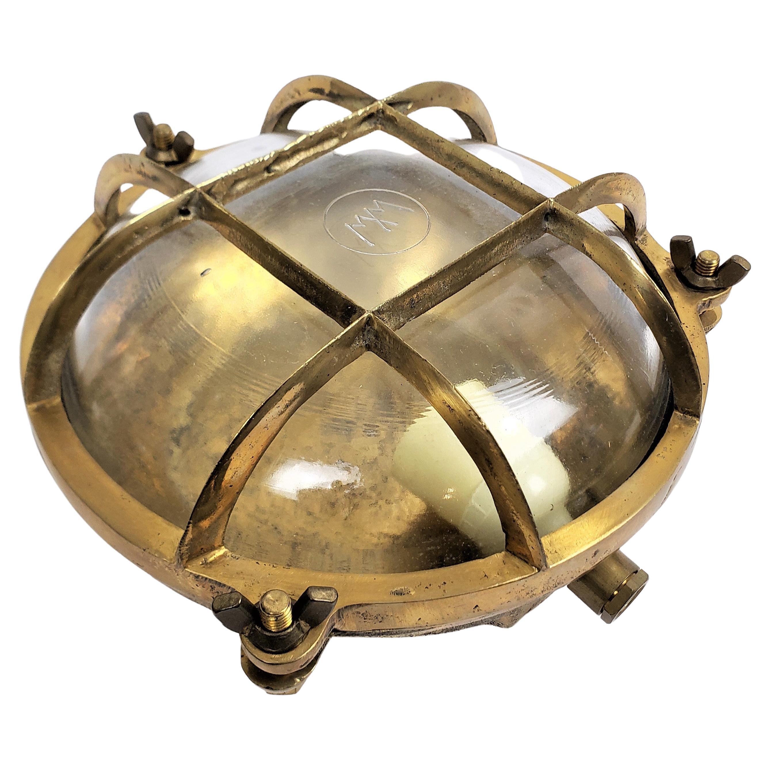 Antique Heavy Solid Brass Nautical Styled Round Cage Light For Sale