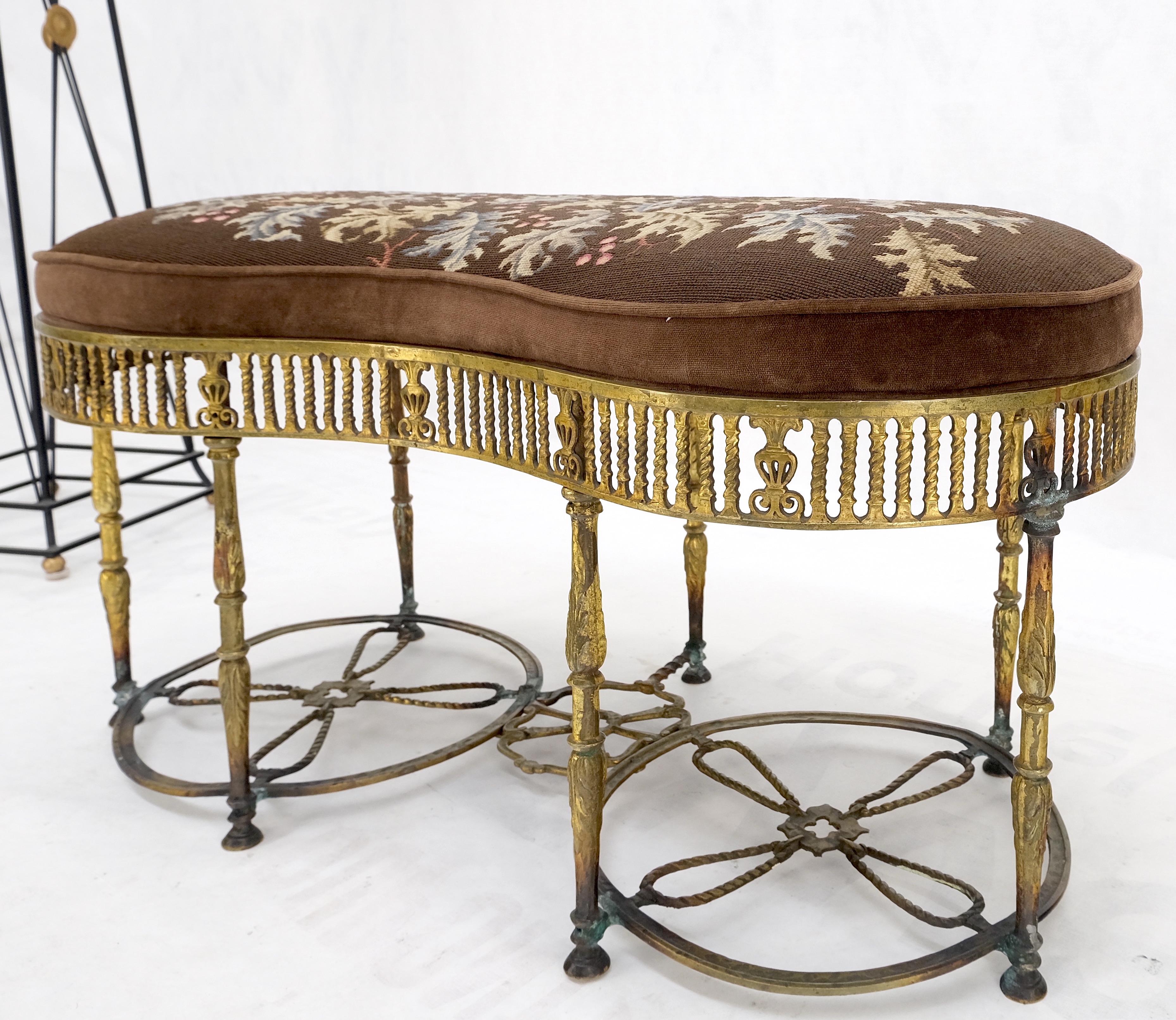 Brass Antique Heavy Solid Bronze Kidney Shape Bench W/ Needle Point Upholstery Seat For Sale