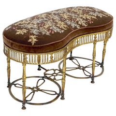 Antique Heavy Solid Bronze Kidney Shape Bench W/ Needle Point Upholstery Seat