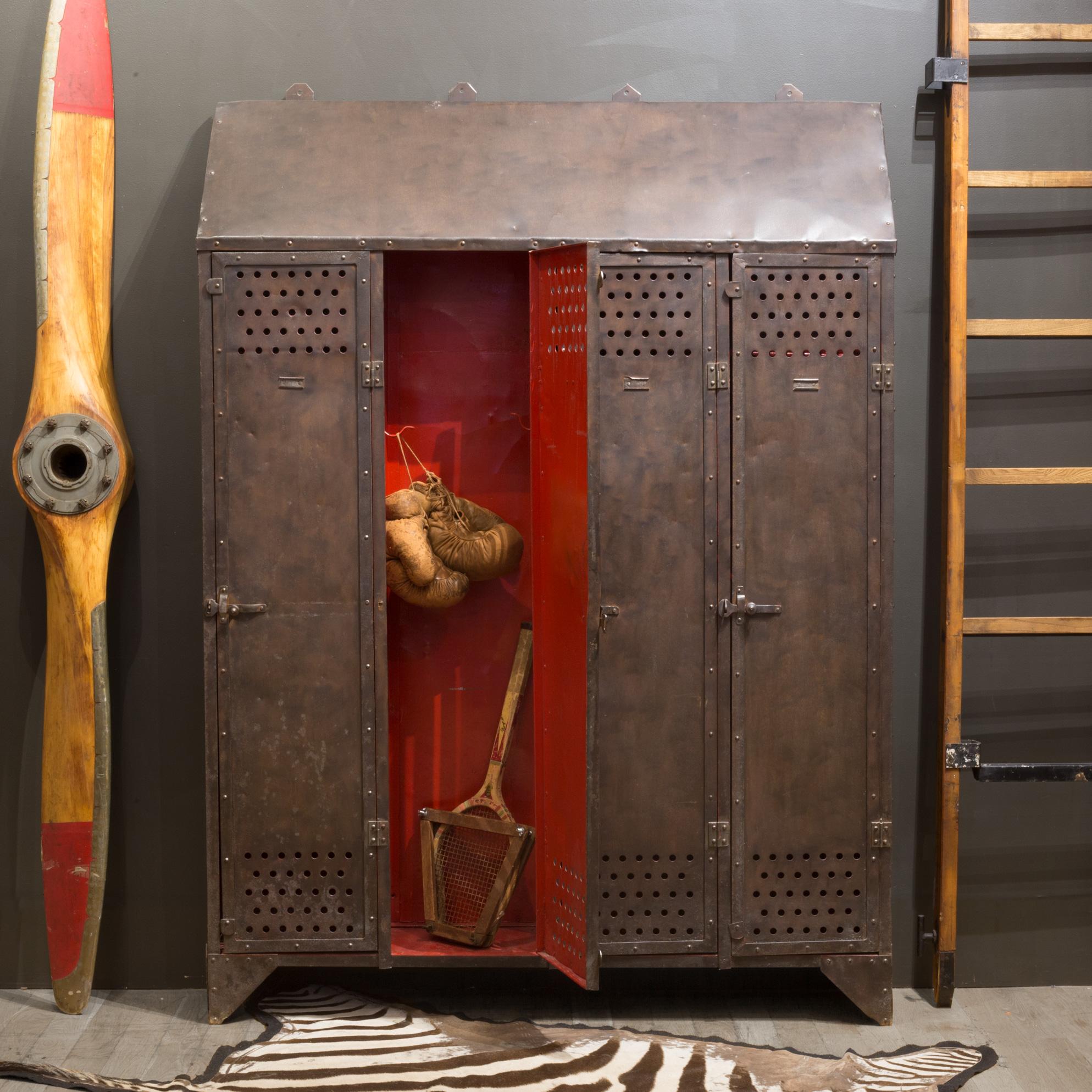 About

Contact us for more shipping options: S16 Home San Francisco. 

An original set of French heavy steel school gym lockers with red interior. Each locker has perforated doors with original locks, three clothes hooks and two lockers have top